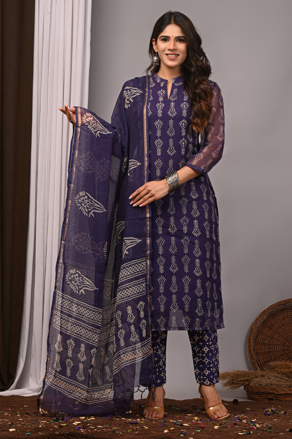 Deep Violet Artisanal Handblock Kota Doria Set
