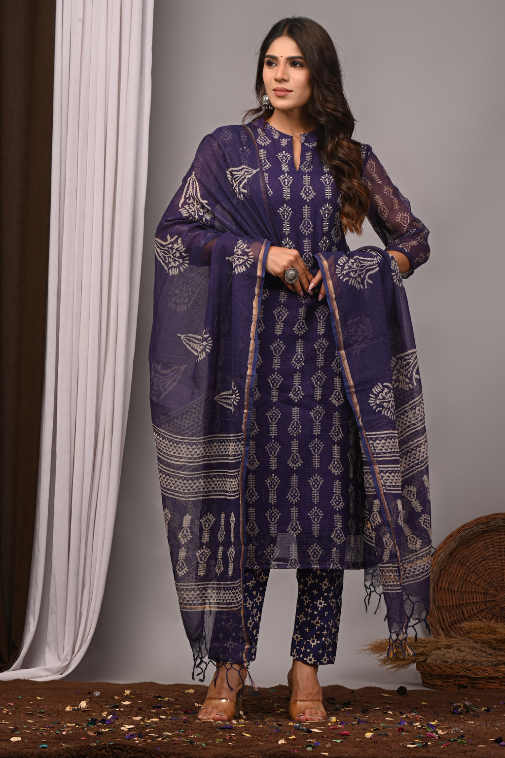 Deep Violet Artisanal Handblock Kota Doria Set