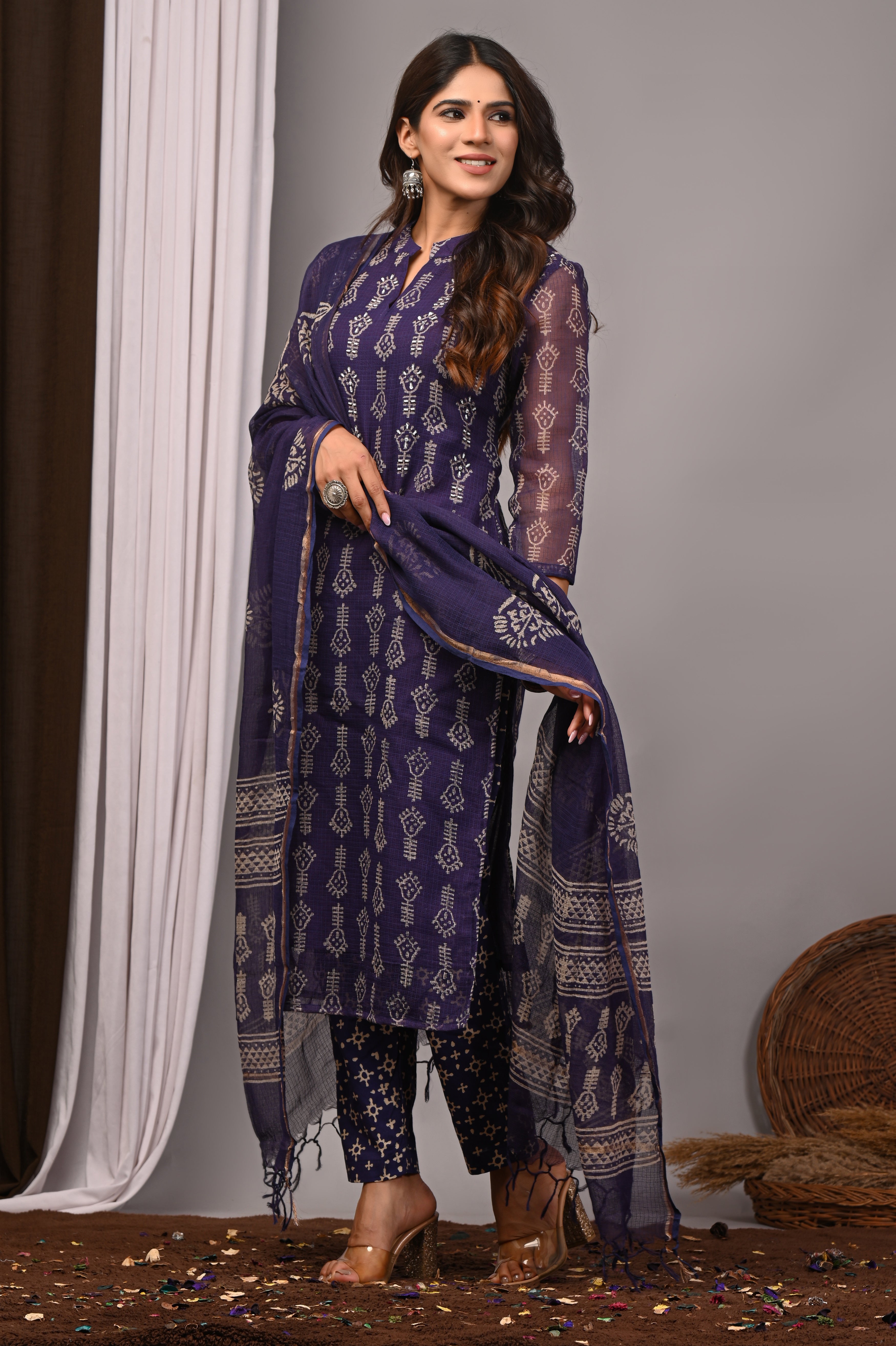 Deep Violet Artisanal Handblock Kota Doria Set