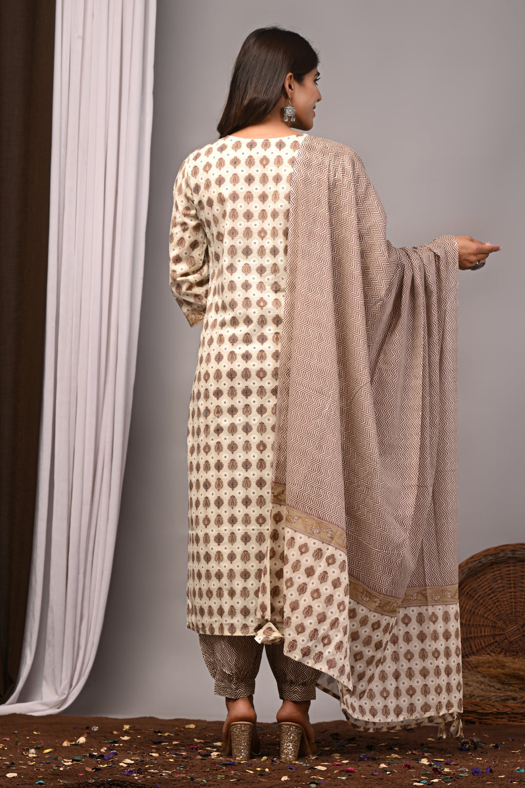 Beige Floral Sanganeri Cotton Straight Kurta Salwar Set
