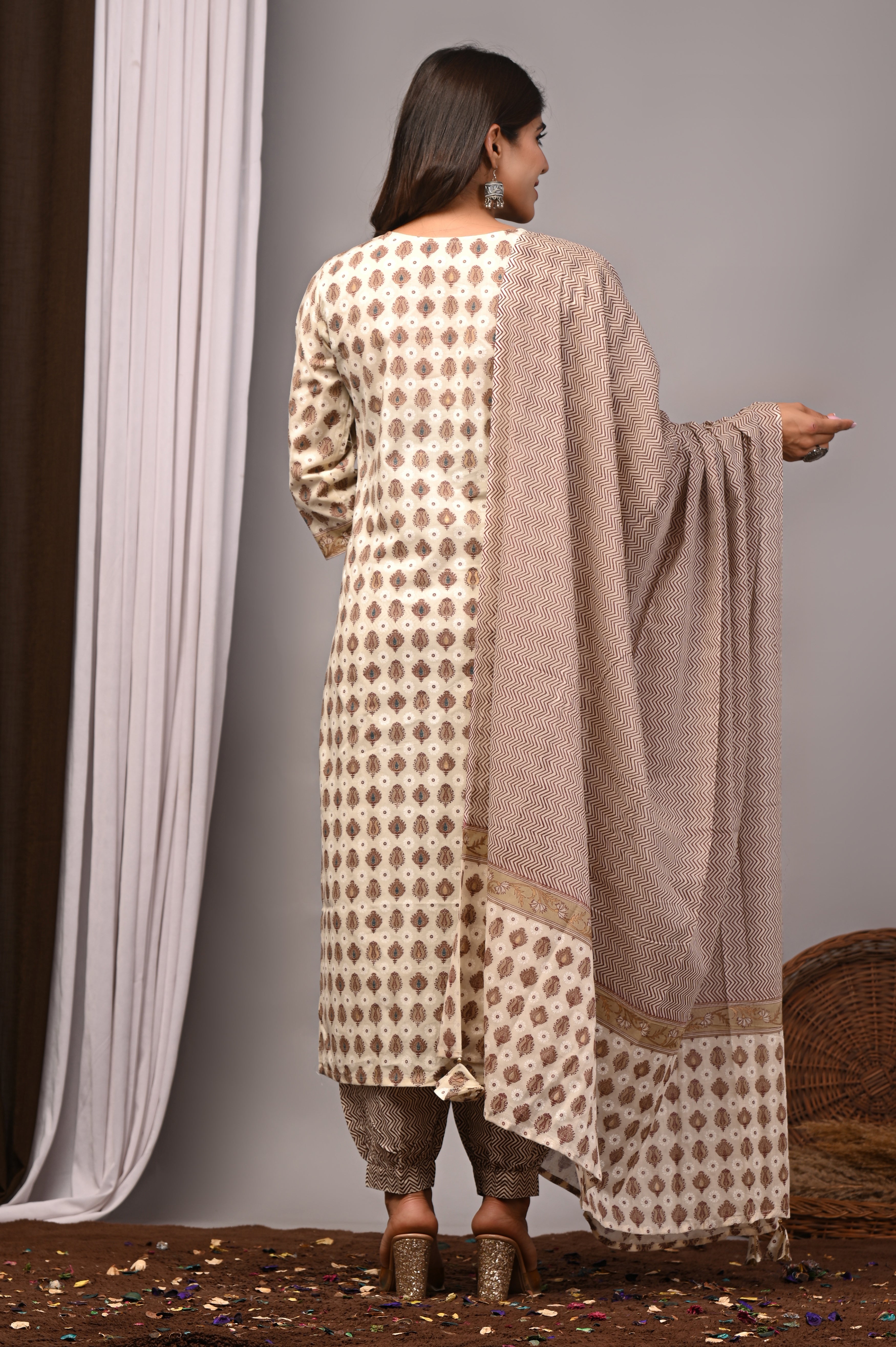 Beige Floral Sanganeri Cotton Straight Kurta Salwar Set