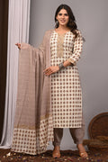 Beige Floral Sanganeri Cotton Straight Kurta Salwar Set