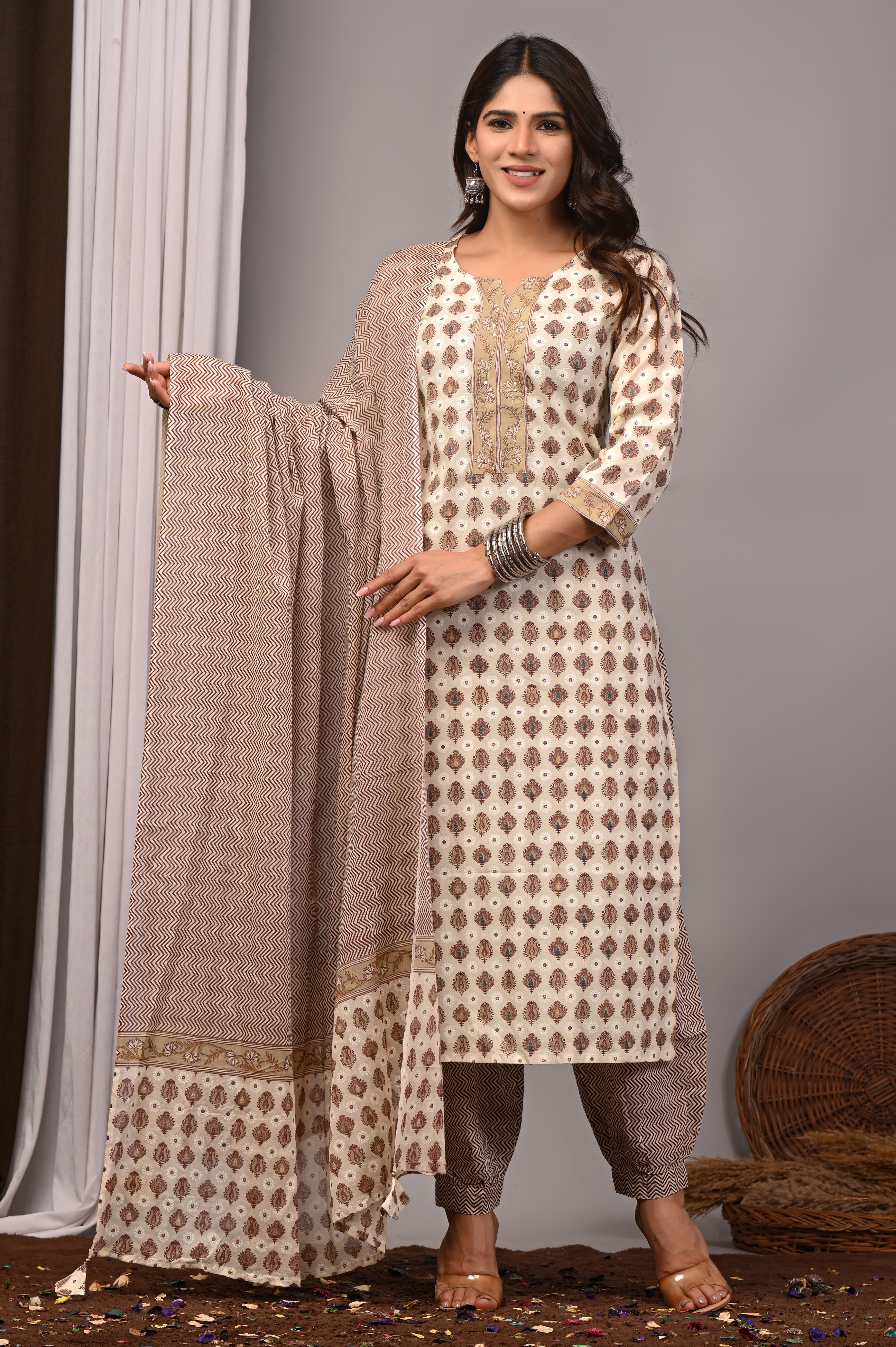 Beige Floral Sanganeri Cotton Straight Kurta Salwar Set
