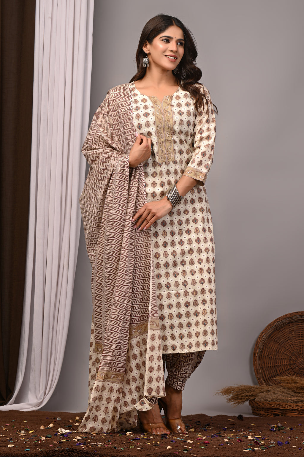 Beige Floral Sanganeri Cotton Straight Kurta Salwar Set