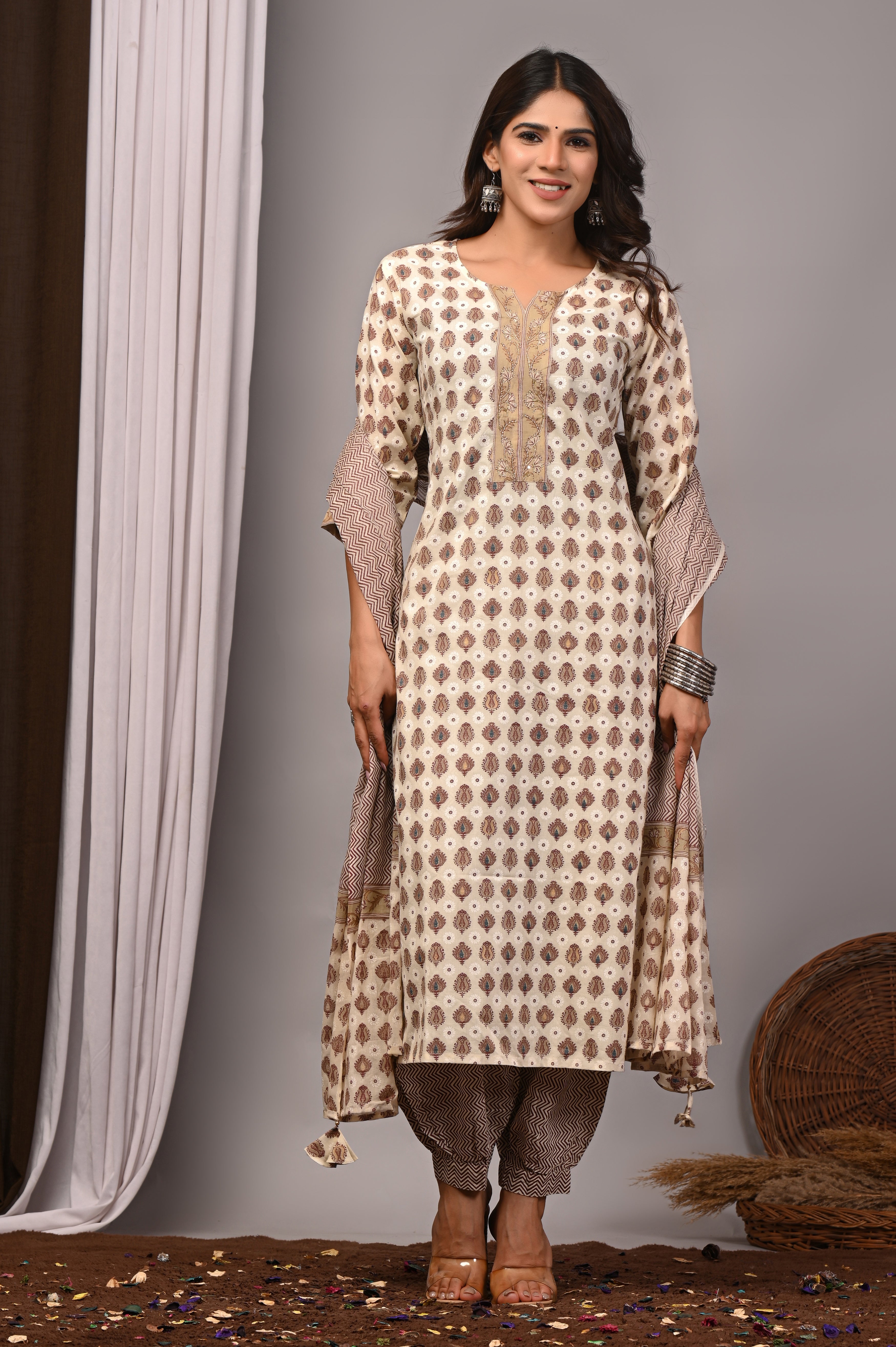 Beige Floral Sanganeri Cotton Straight Kurta Salwar Set