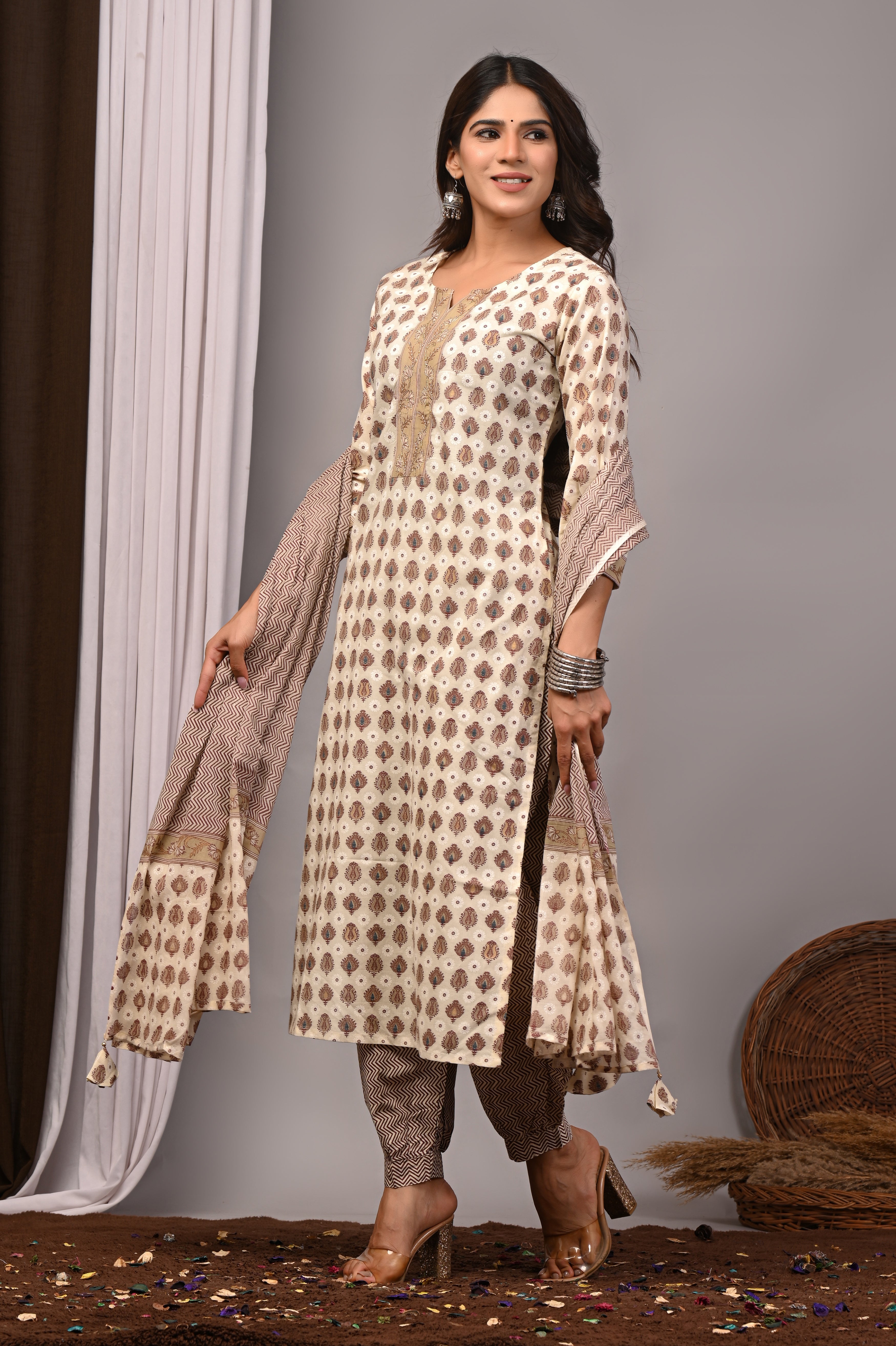 Beige Floral Sanganeri Cotton Straight Kurta Salwar Set