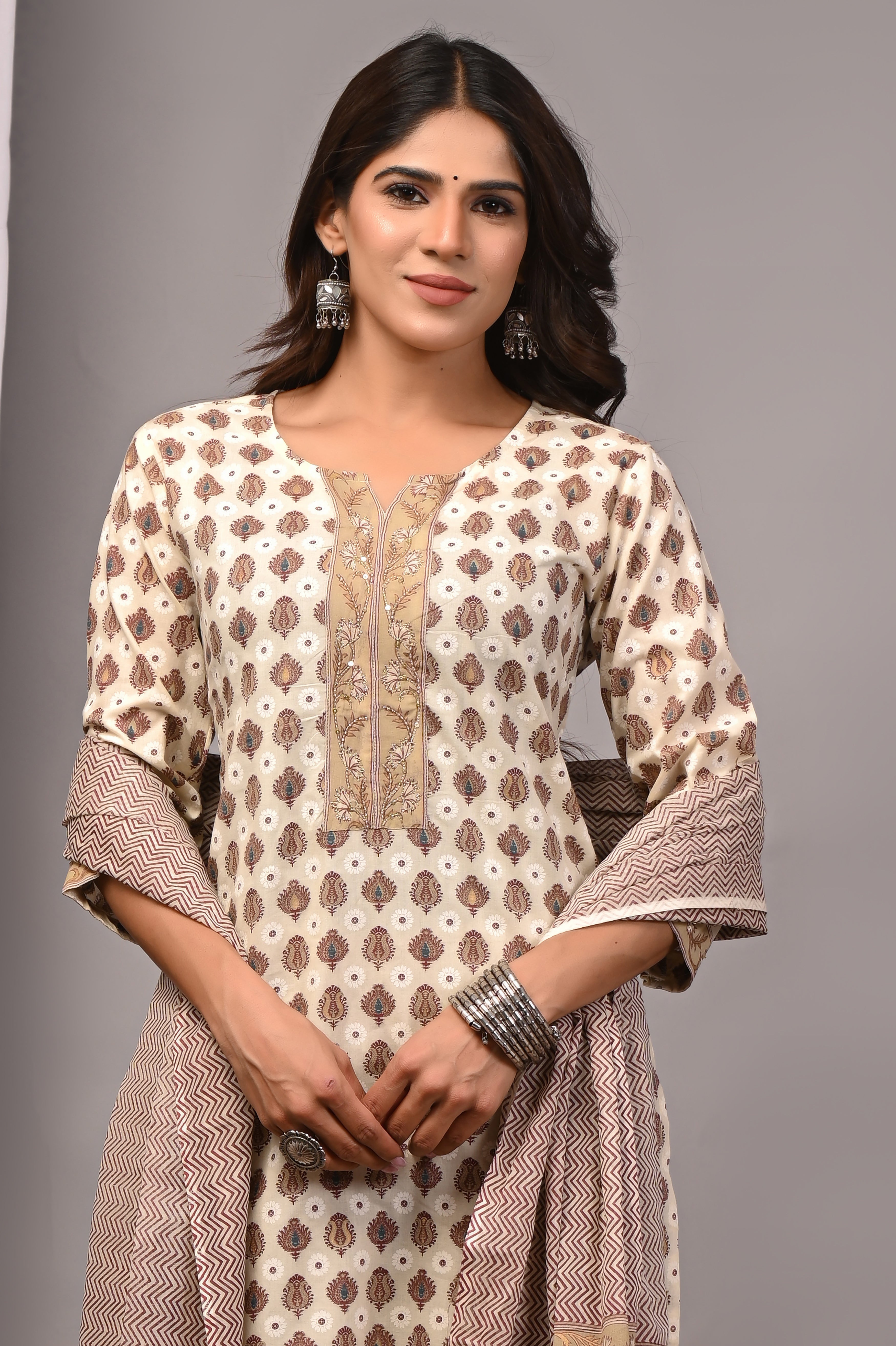 Beige Floral Sanganeri Cotton Straight Kurta Salwar Set