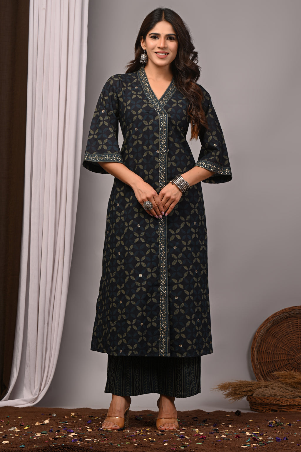 Midnight Blue Bell-Sleeve Palazzo Set