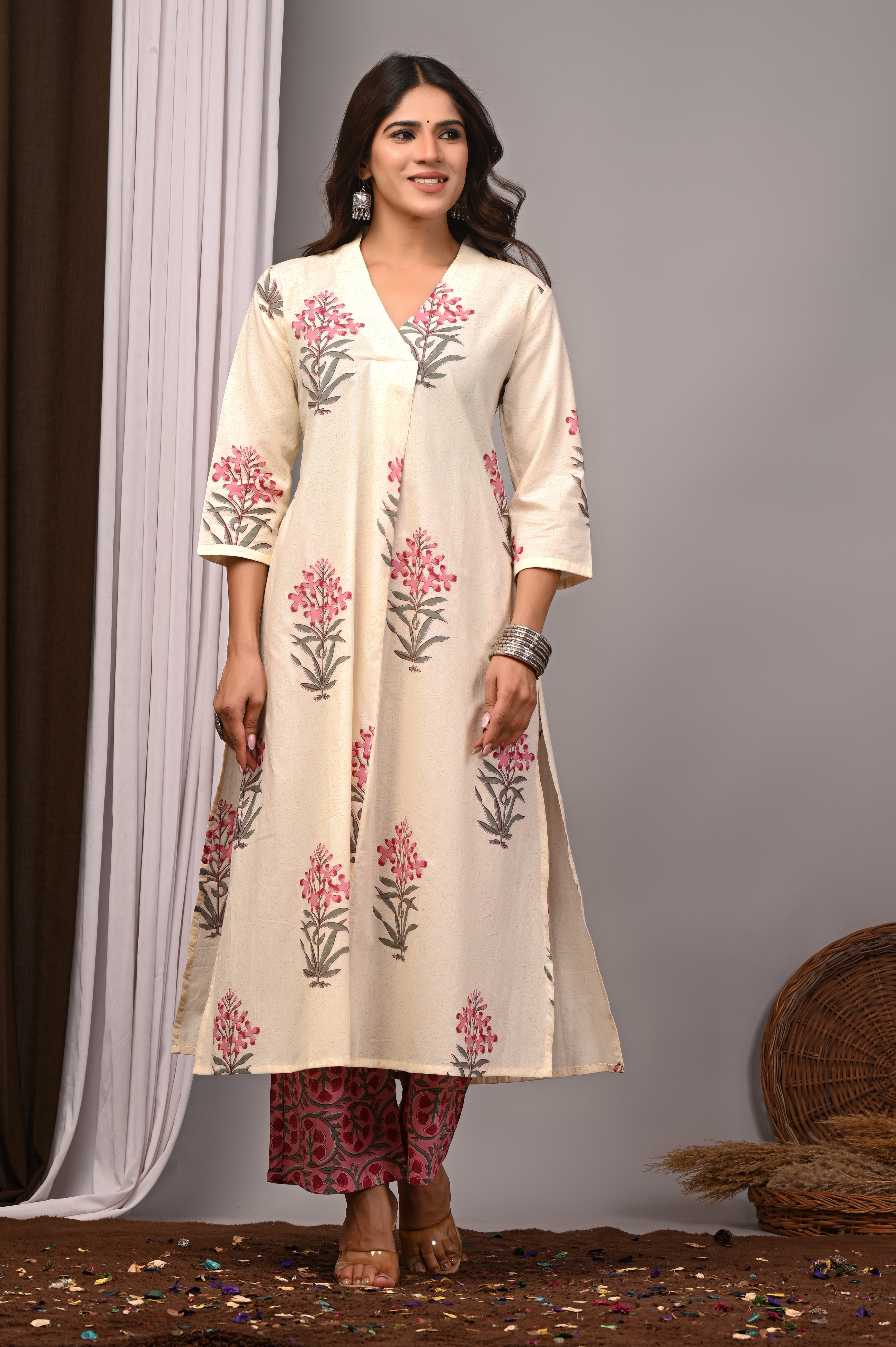 Cream Blossom Sanganeri Palazzo Set