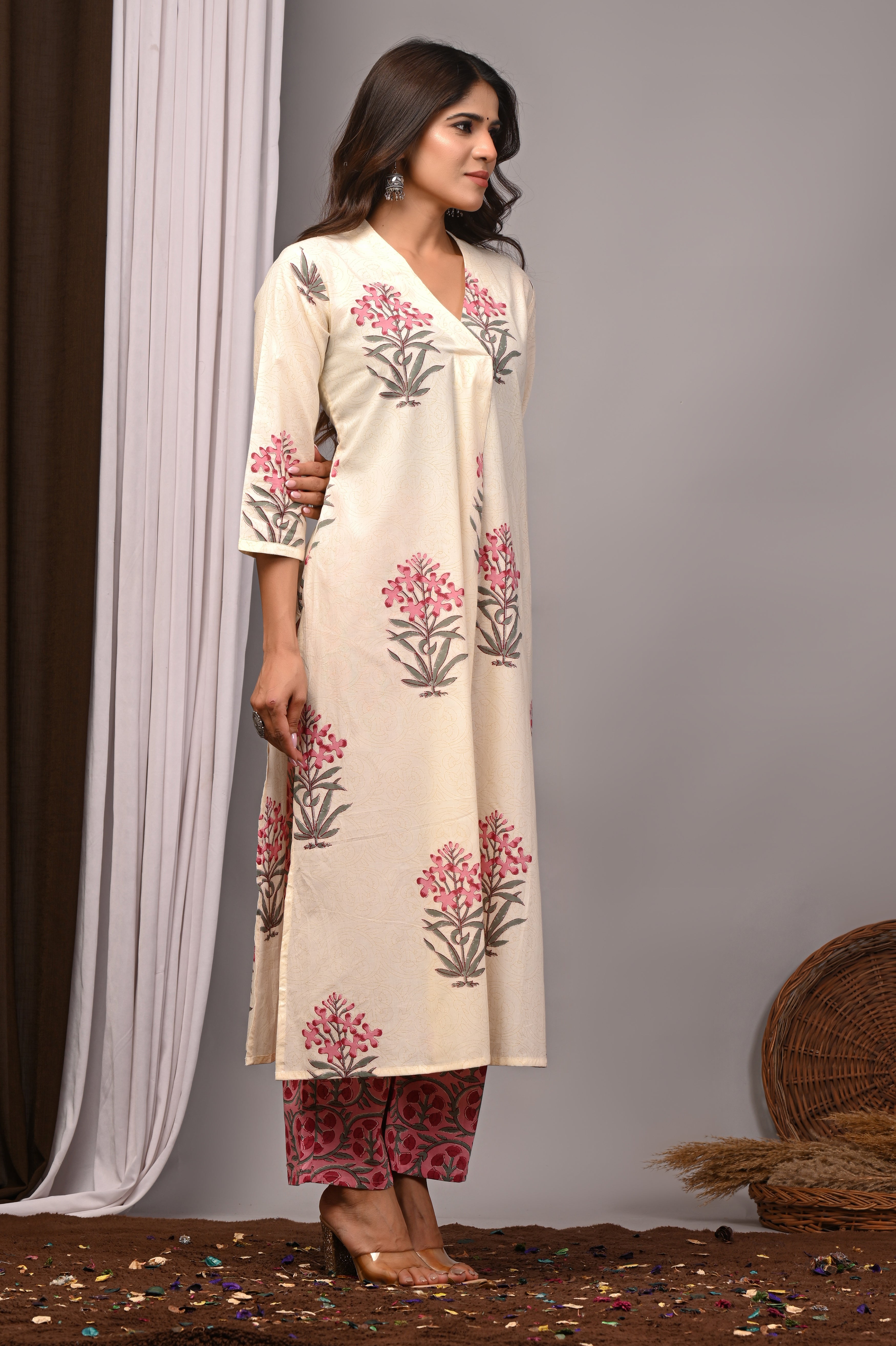 Cream Blossom Sanganeri Palazzo Set