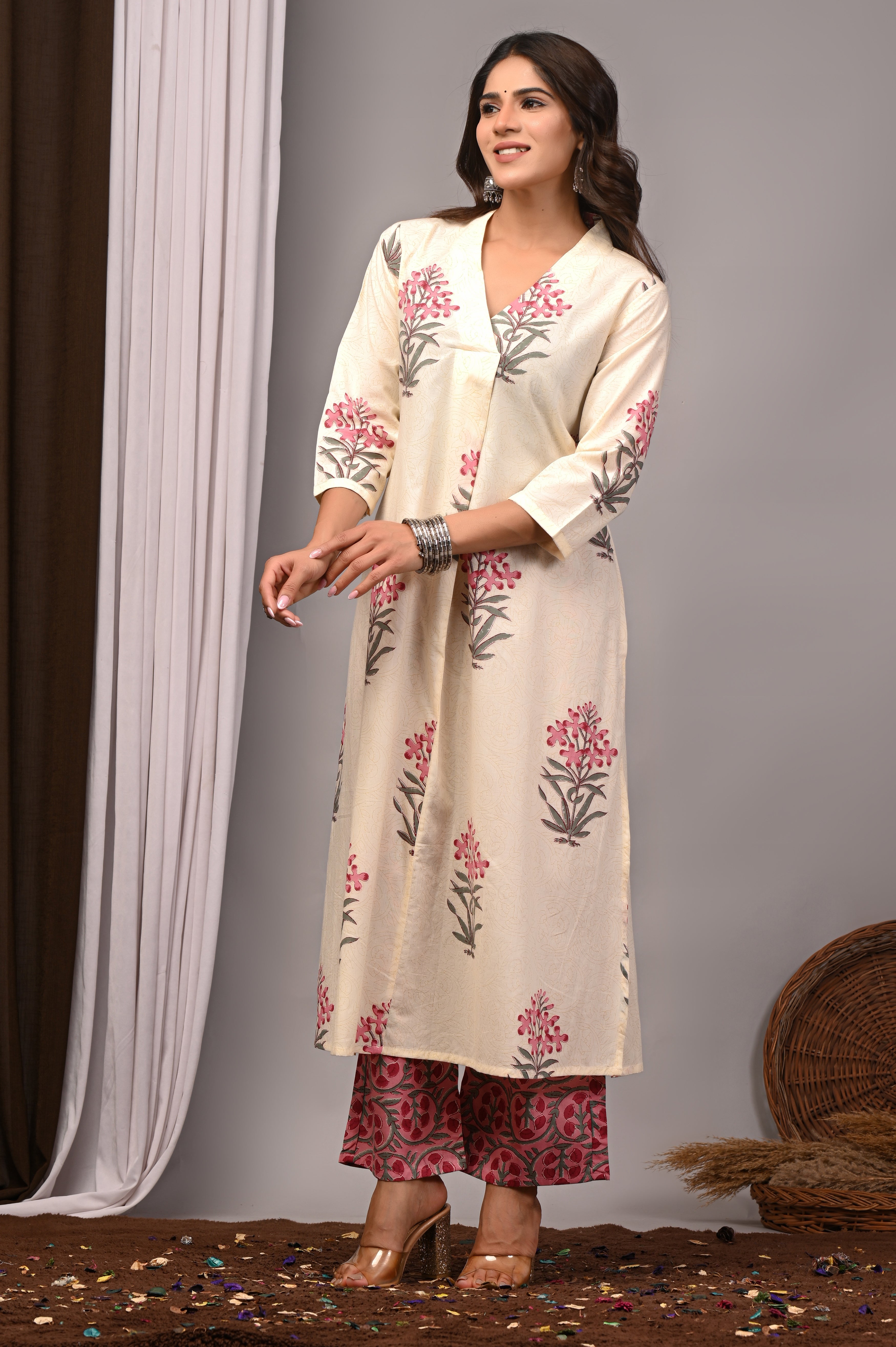 Cream Blossom Sanganeri Palazzo Set