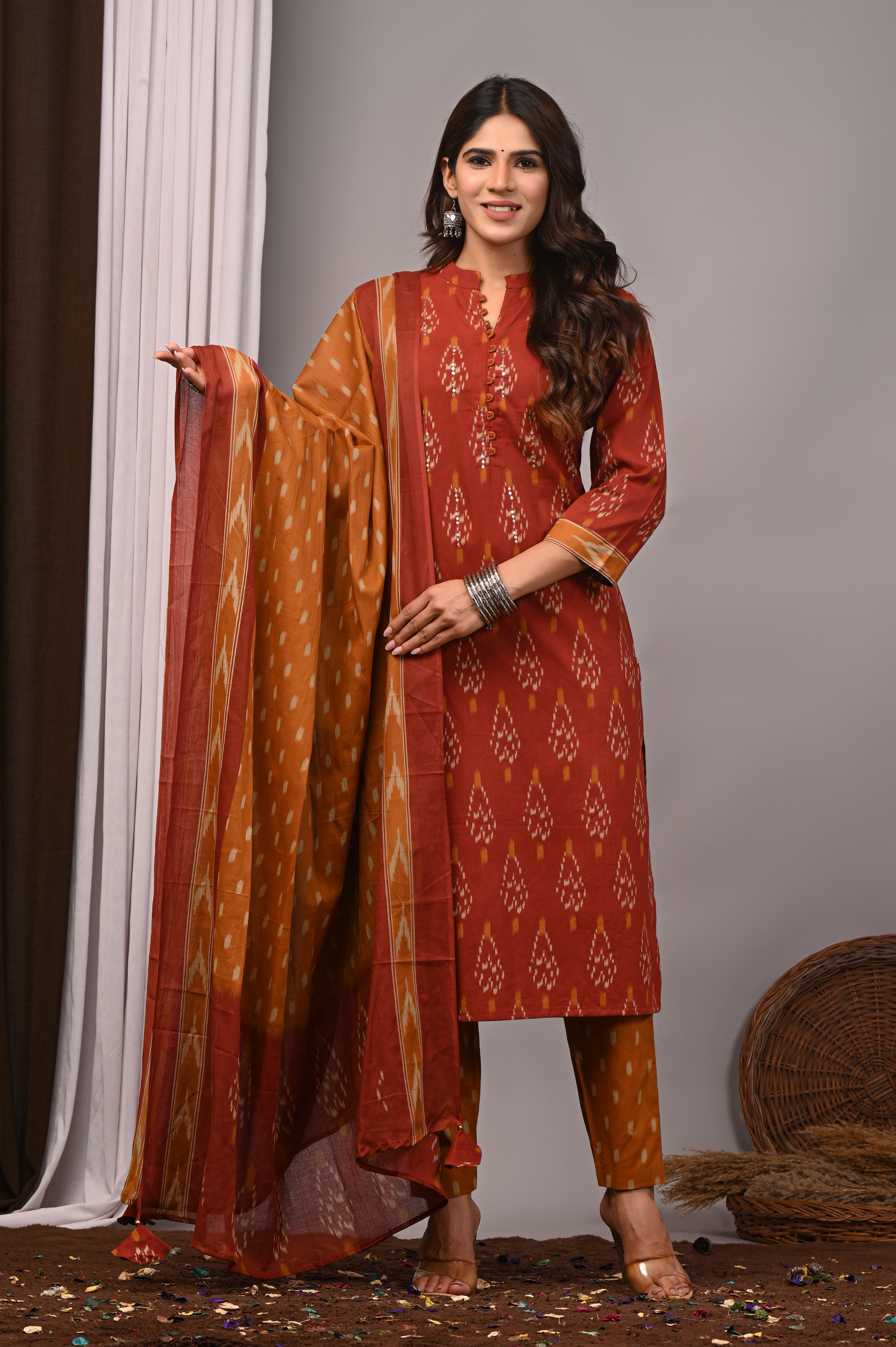 Rust & Mustard Ikat Cotton Straight Set