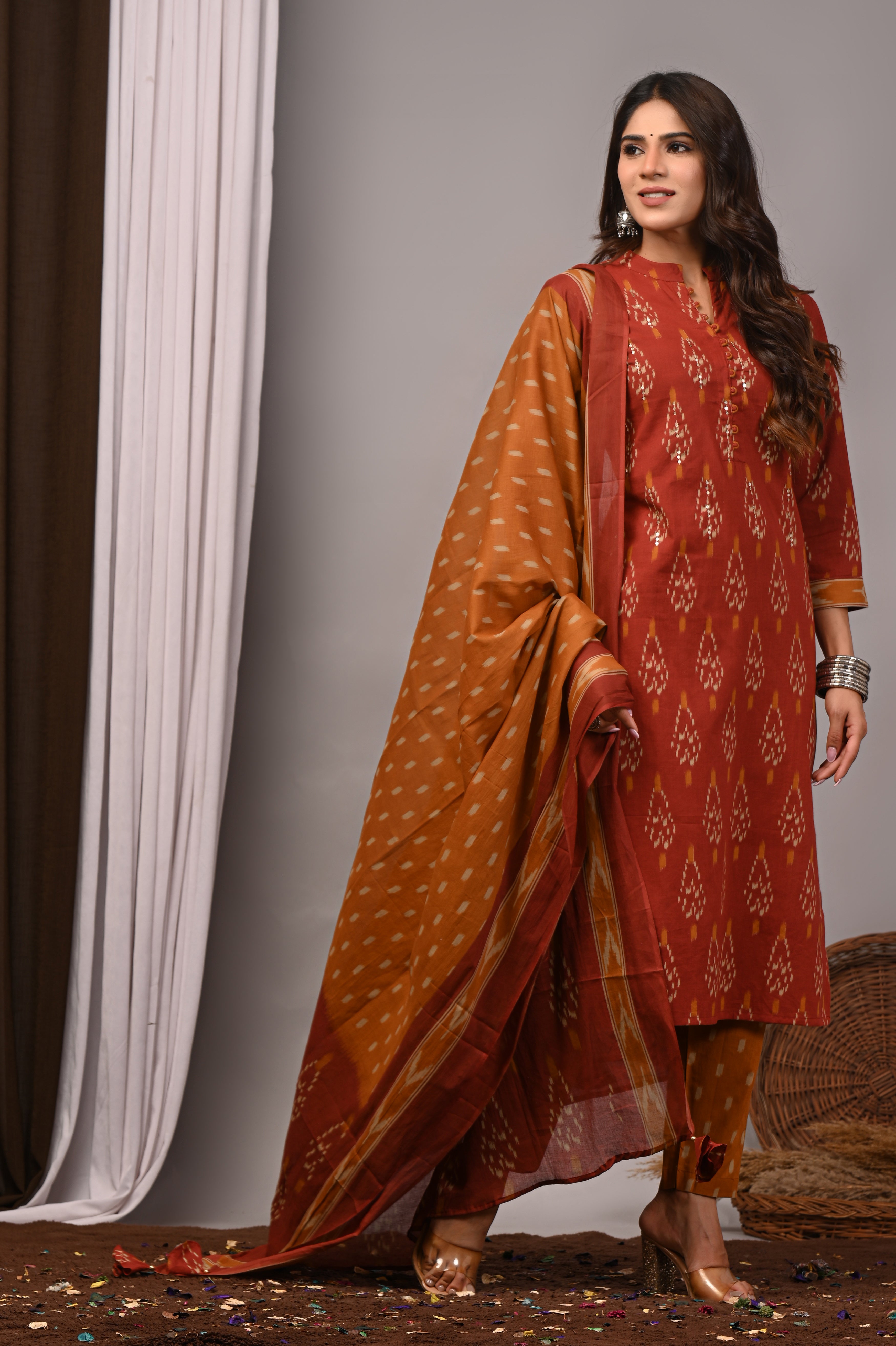 Rust & Mustard Ikat Cotton Straight Set