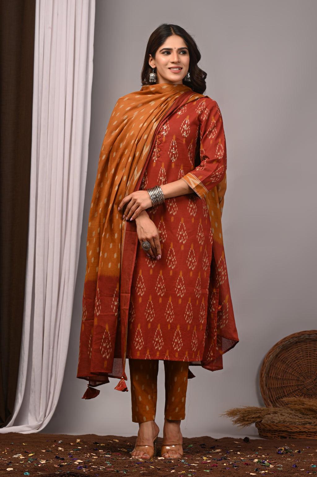 Rust & Mustard Ikat Cotton Straight Set