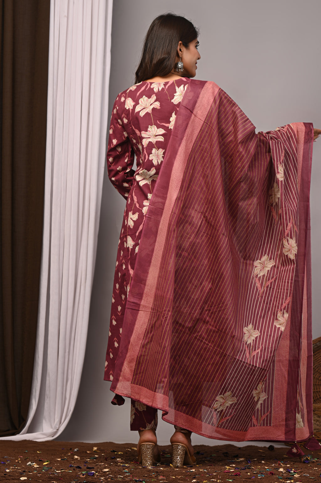 Wine Floral Cotton A-Line Set with Gota Handwork