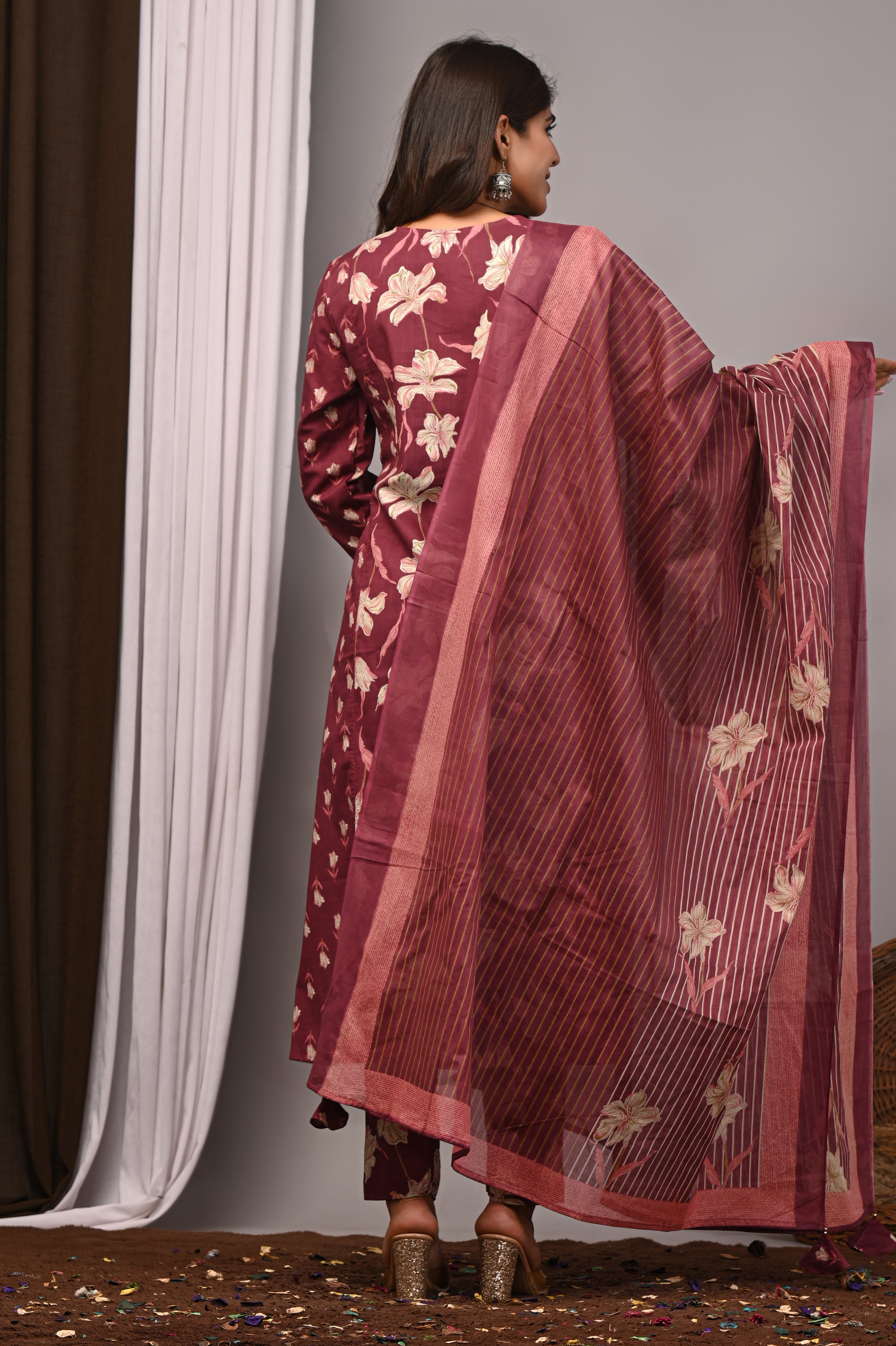Wine Floral Cotton A-Line Set with Gota Handwork