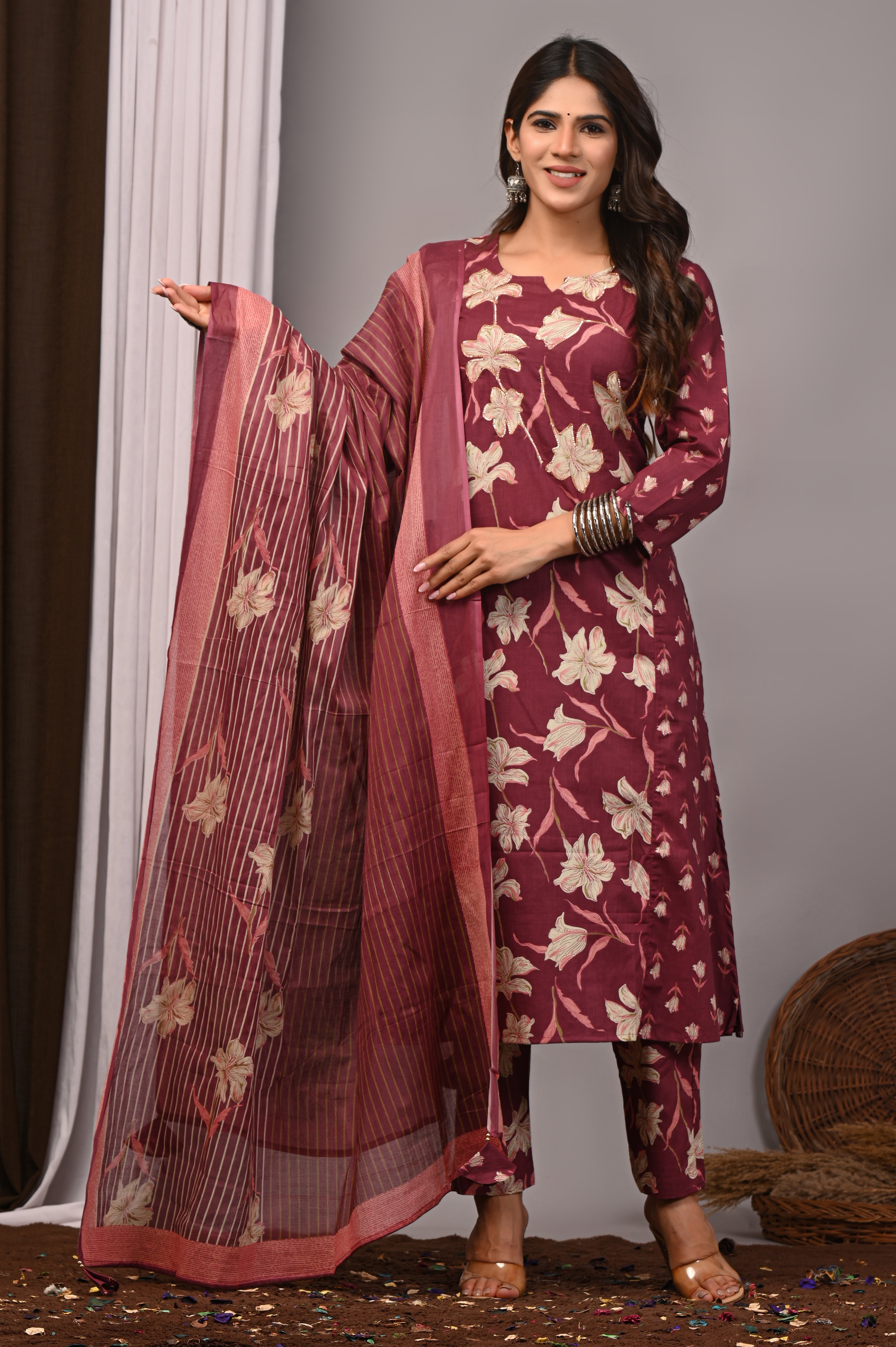 Wine Floral Cotton A-Line Set with Gota Handwork