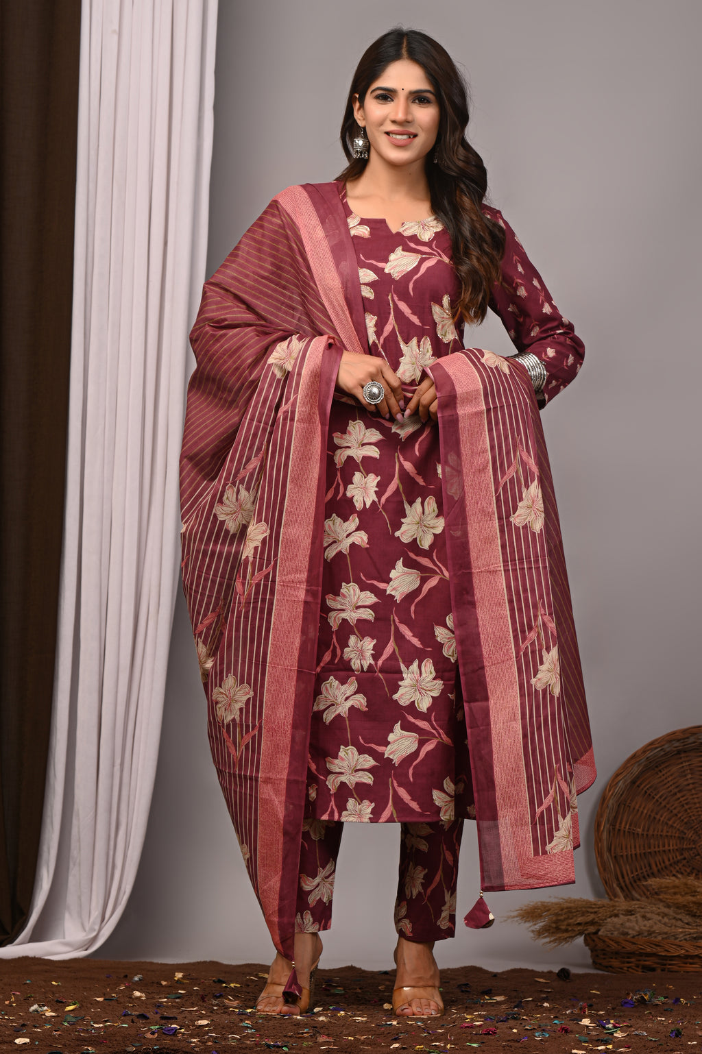 Wine Floral Cotton A-Line Set with Gota Handwork