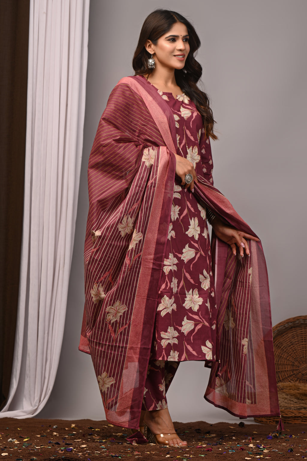 Wine Floral Cotton A-Line Set with Gota Handwork