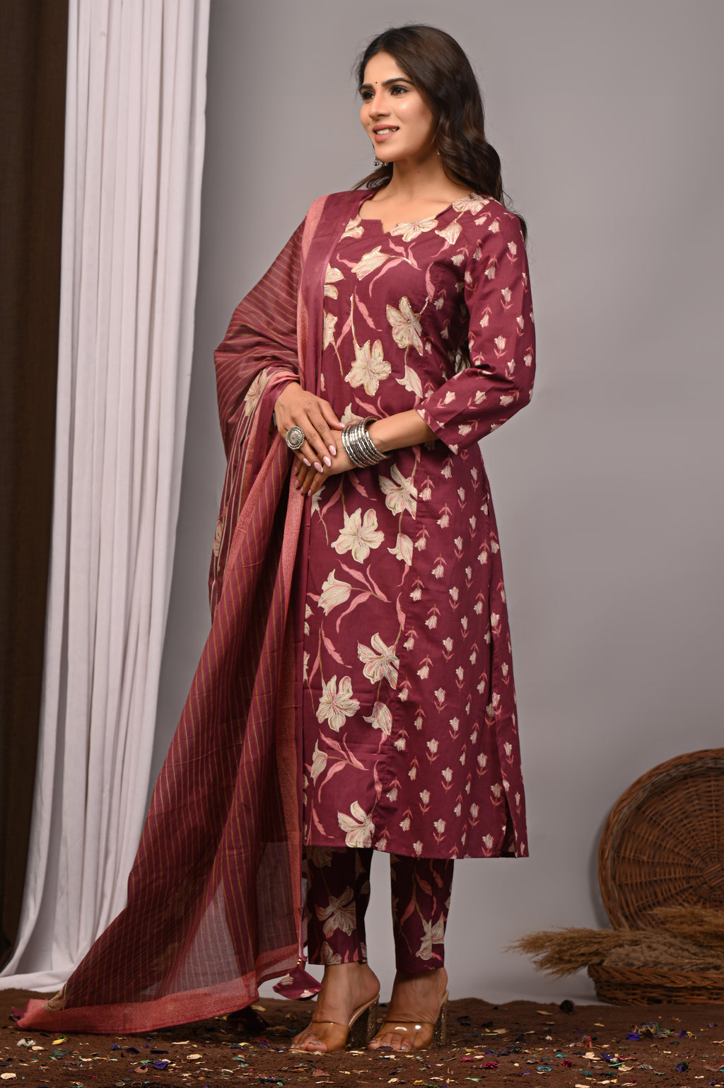 Wine Floral Cotton A-Line Set with Gota Handwork