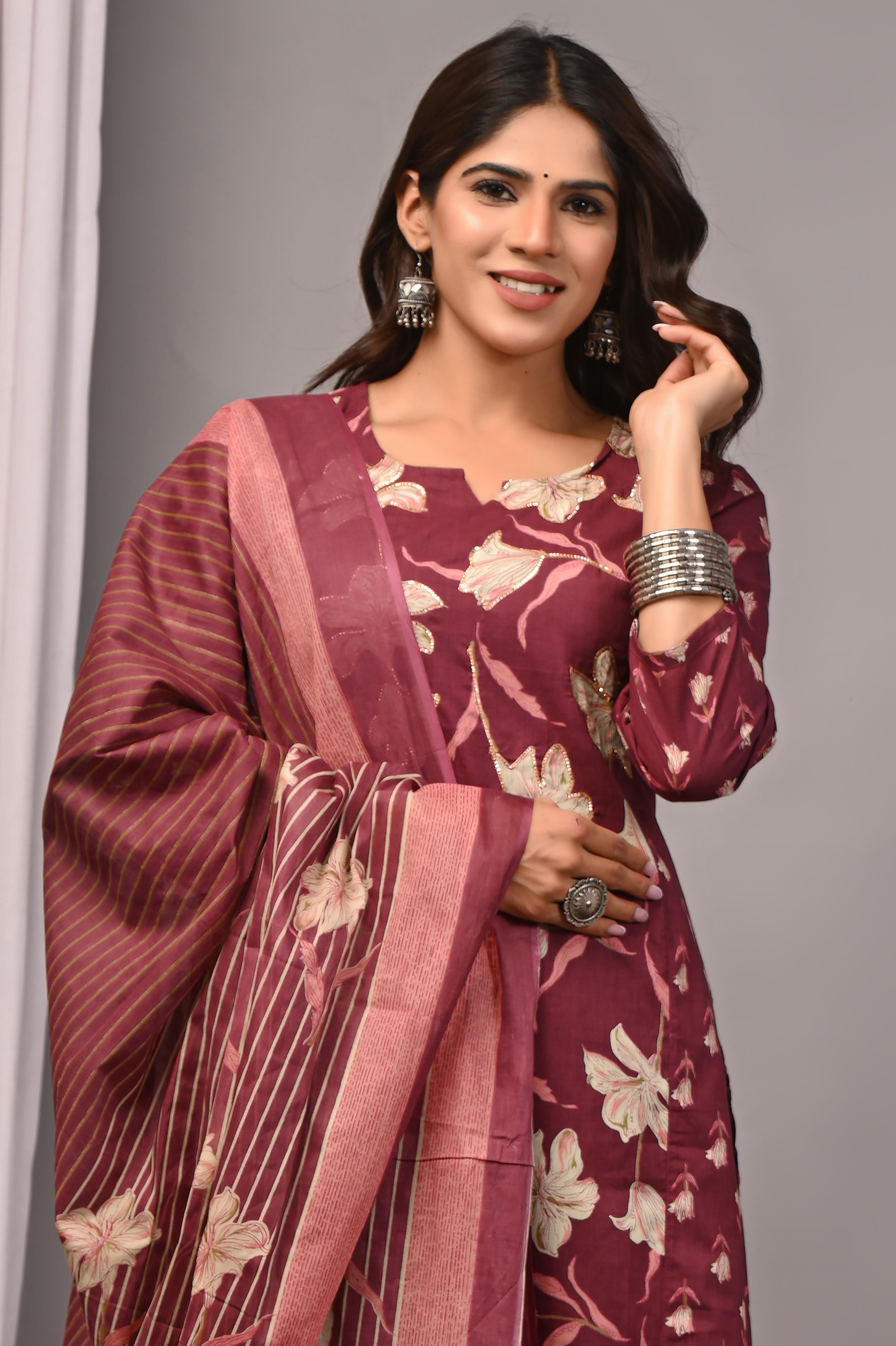 Wine Floral Cotton A-Line Set with Gota Handwork