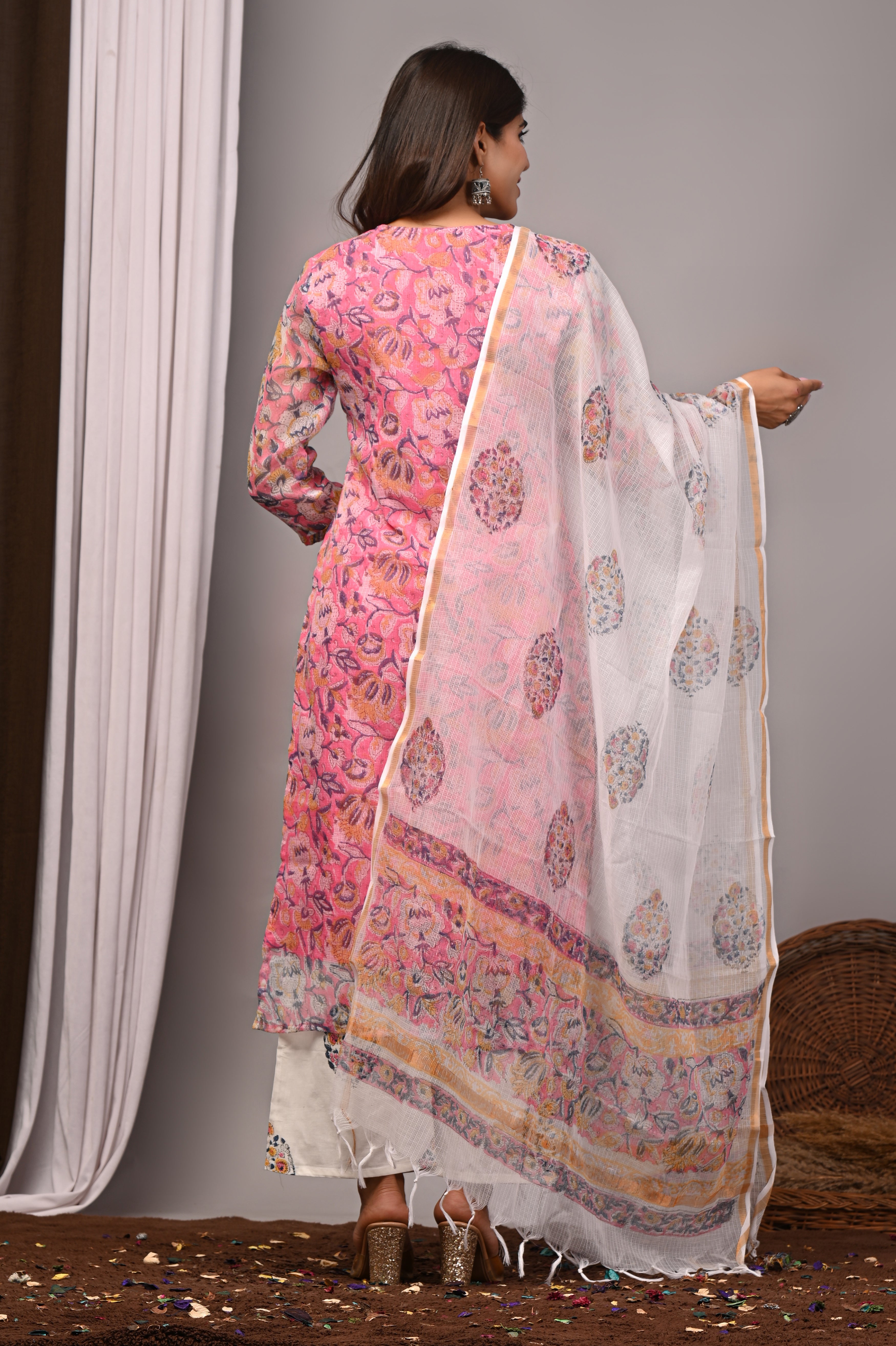Pink Multi-Floral Handblock Kota Doria Set