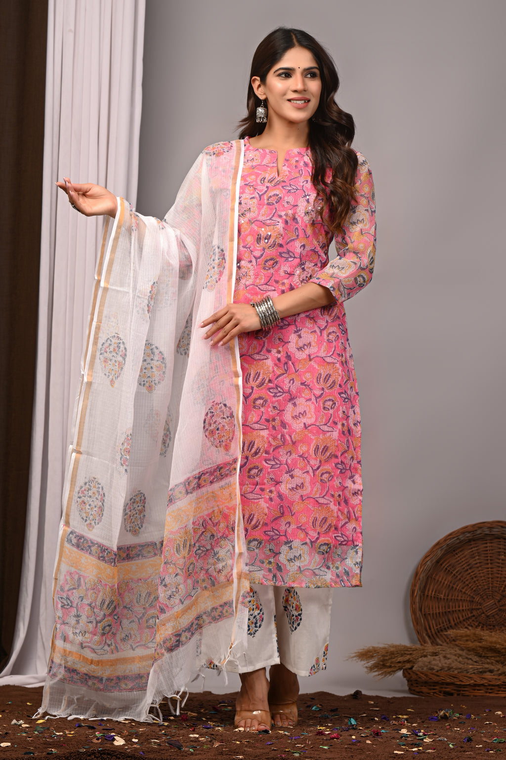 Pink Multi-Floral Handblock Kota Doria Set