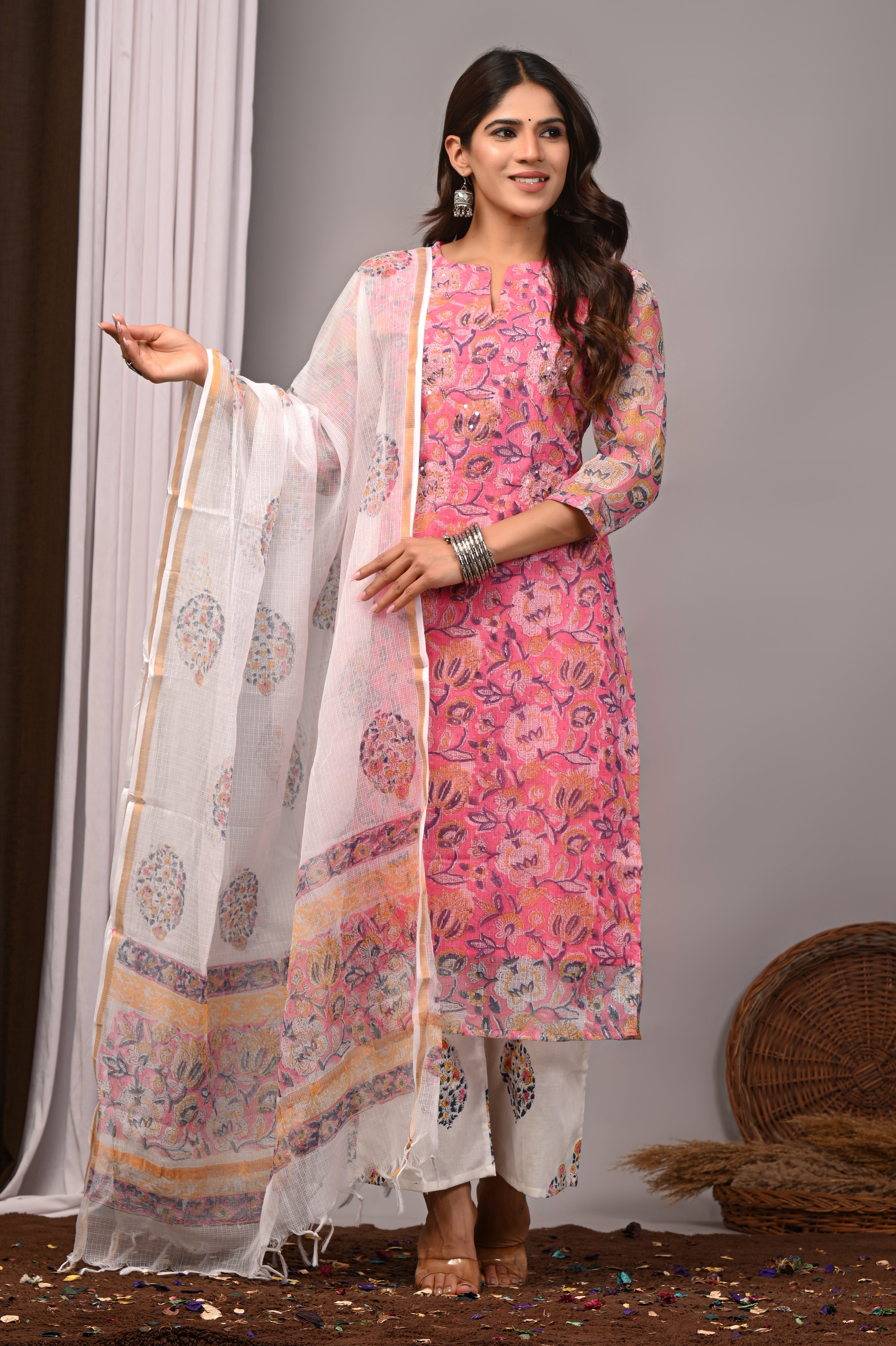 Pink Multi-Floral Handblock Kota Doria Set
