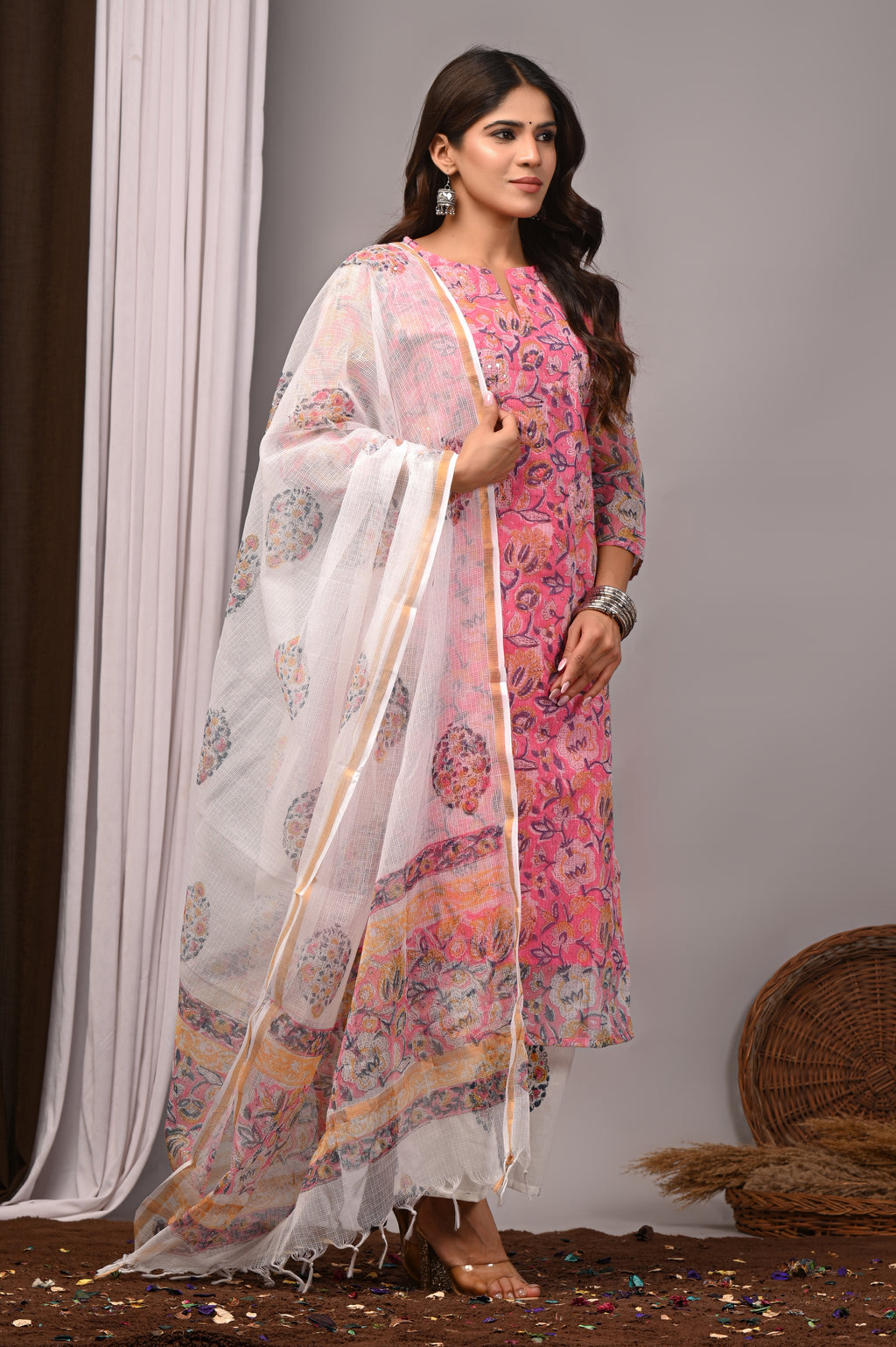 Pink Multi-Floral Handblock Kota Doria Set