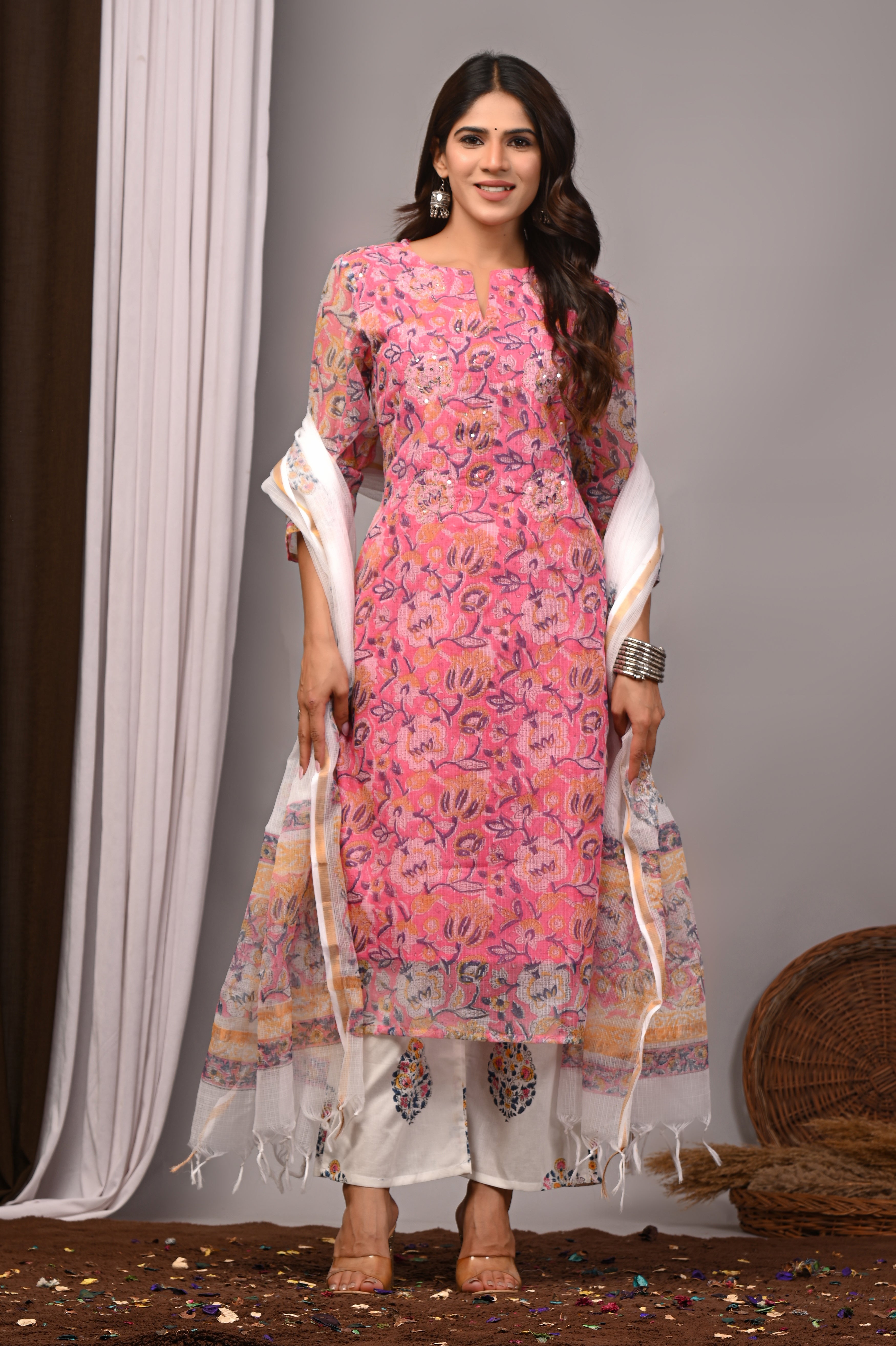 Pink Multi-Floral Handblock Kota Doria Set