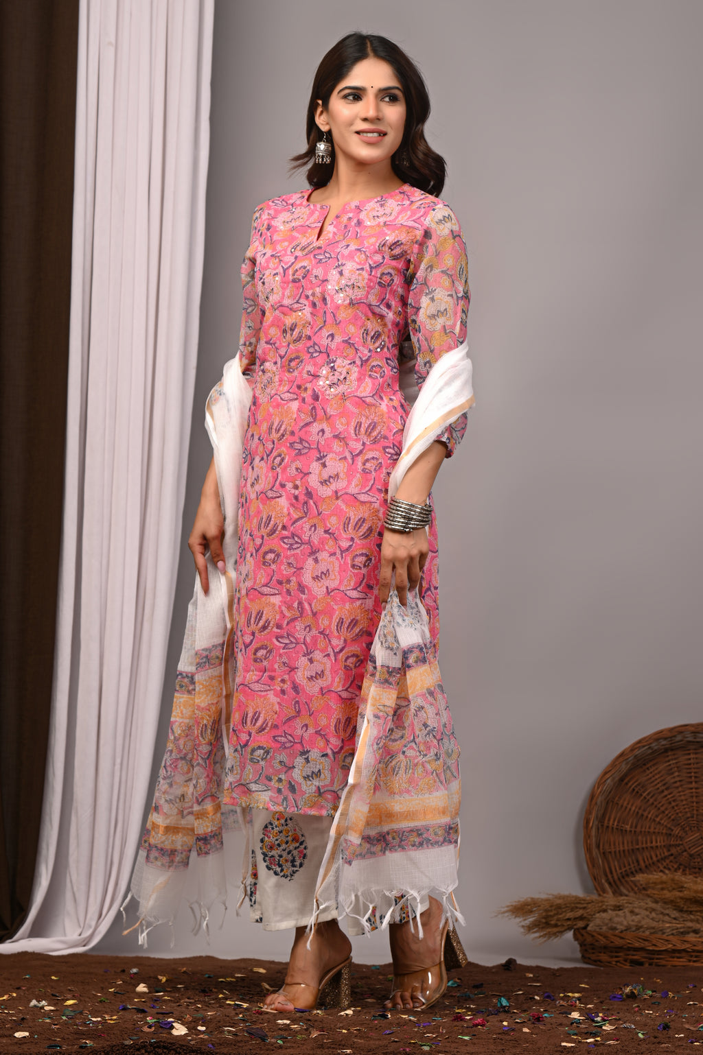 Pink Multi-Floral Handblock Kota Doria Set