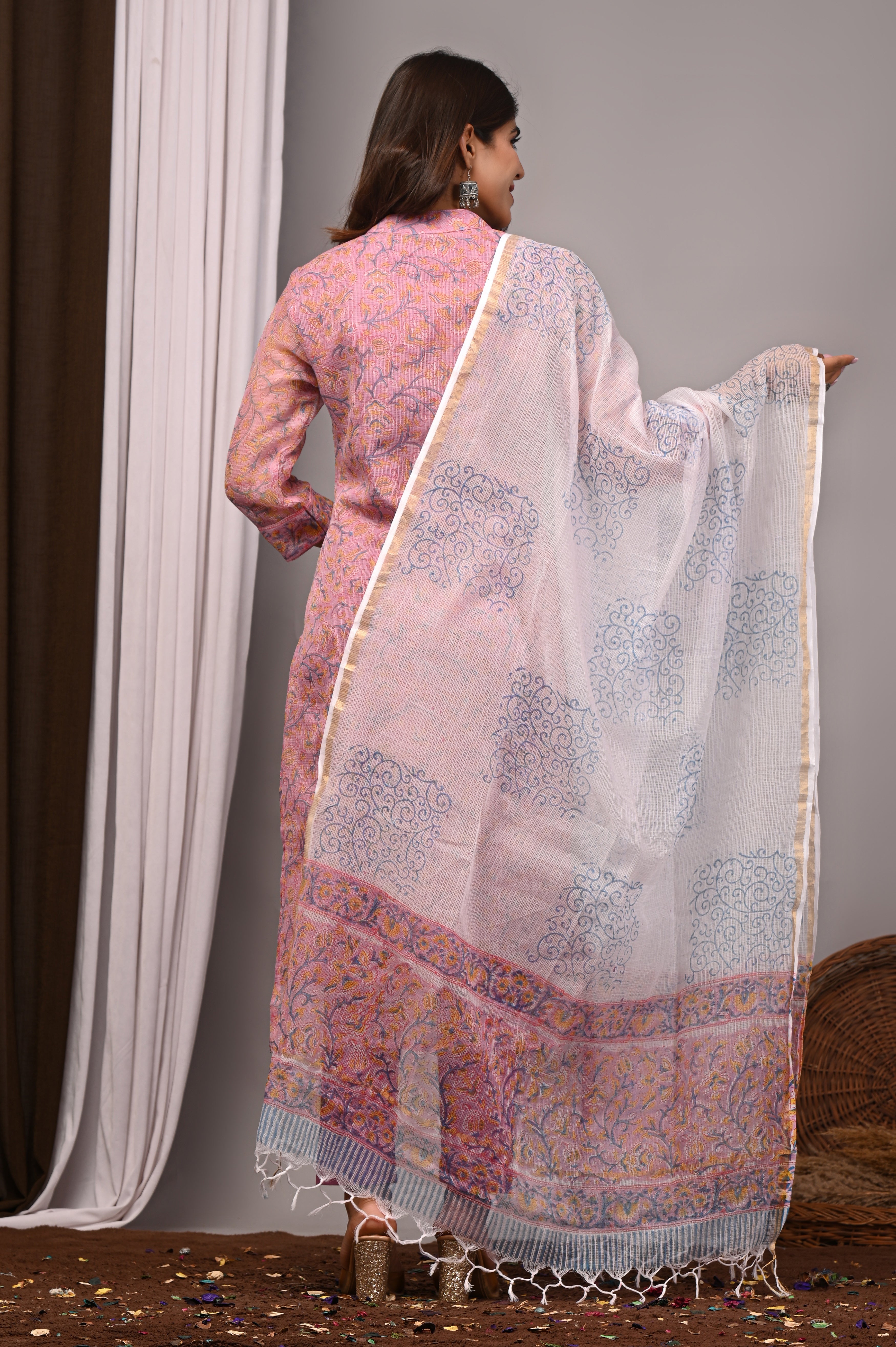 Onion Pink Floral Handblock Kota Doria Set with Aari Work