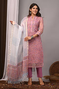 Onion Pink Floral Handblock Kota Doria Set with Aari Work