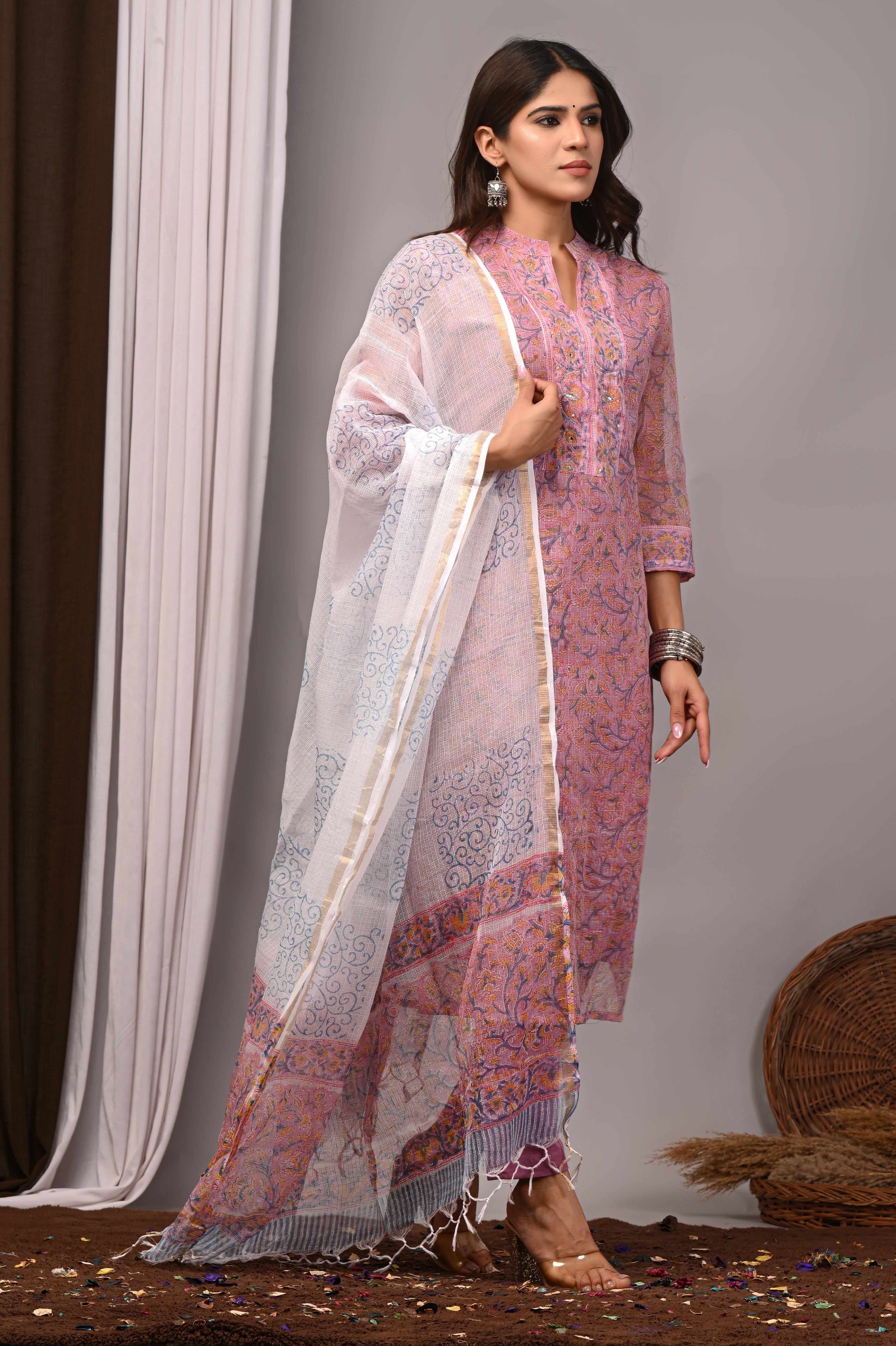 Onion Pink Floral Handblock Kota Doria Set with Aari Work