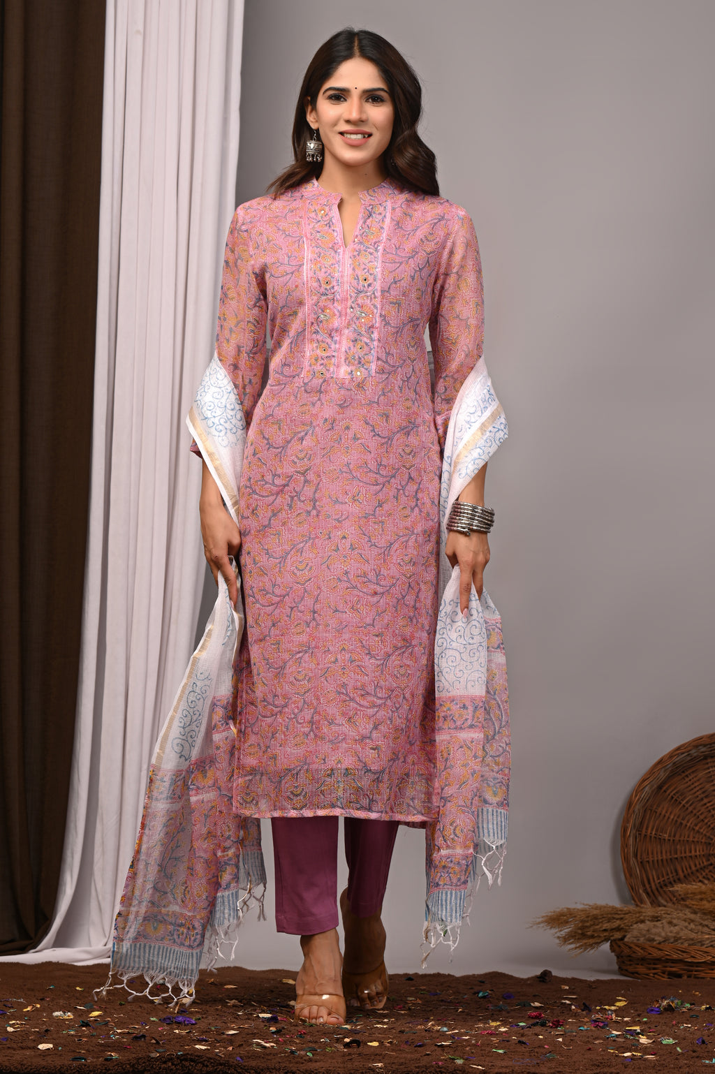 Onion Pink Floral Handblock Kota Doria Set with Aari Work