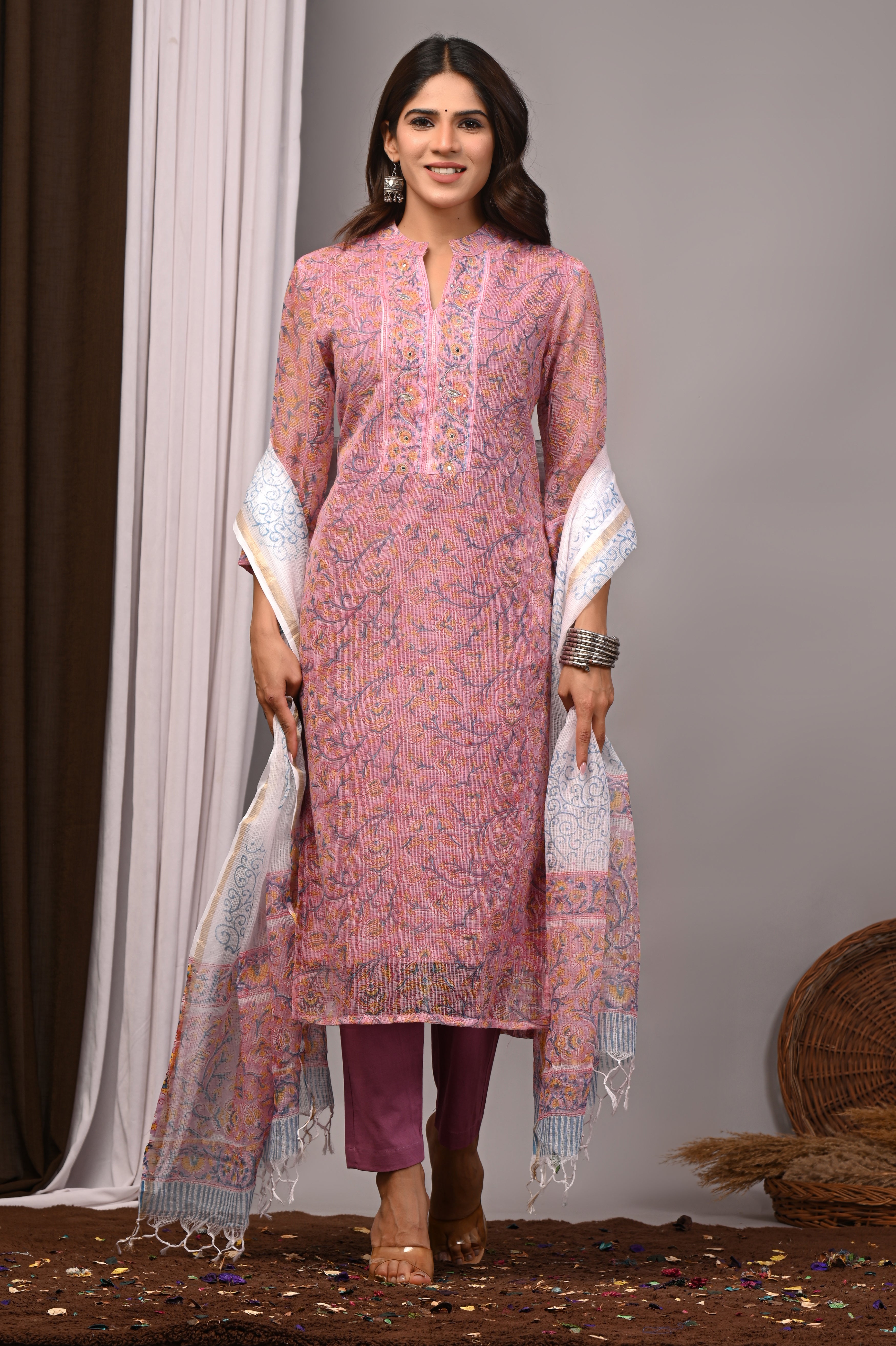 Onion Pink Floral Handblock Kota Doria Set with Aari Work