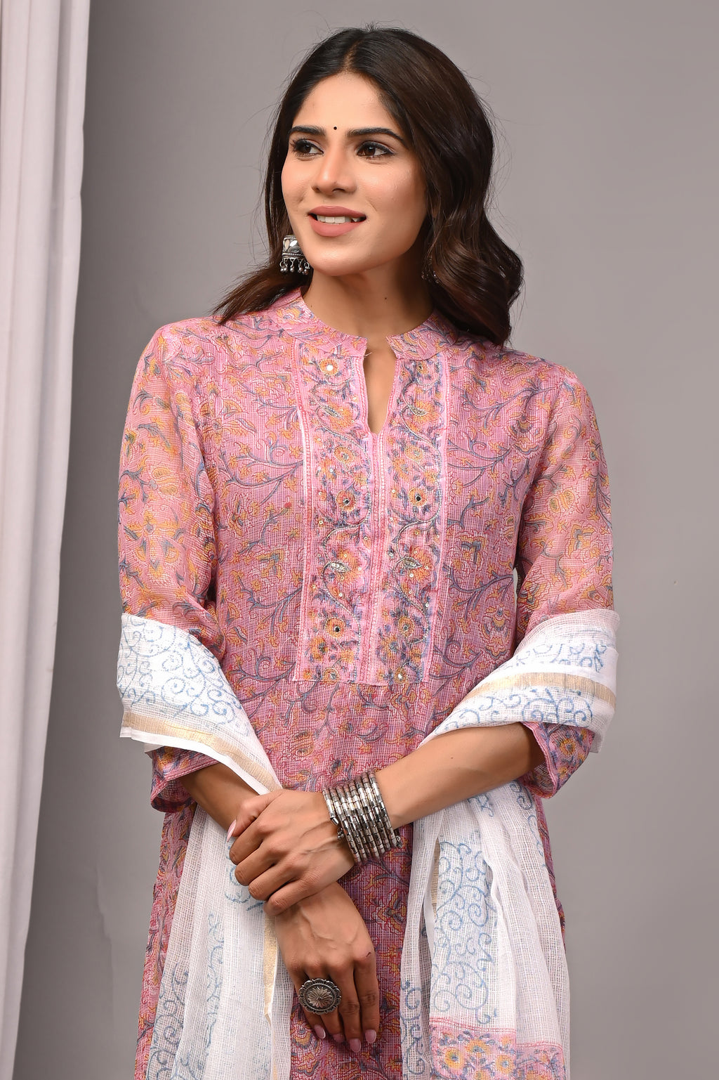Onion Pink Floral Handblock Kota Doria Set with Aari Work