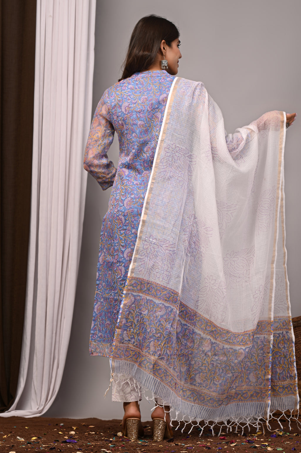 Periwinkle Blue Floral Handblock Kota Doria Set