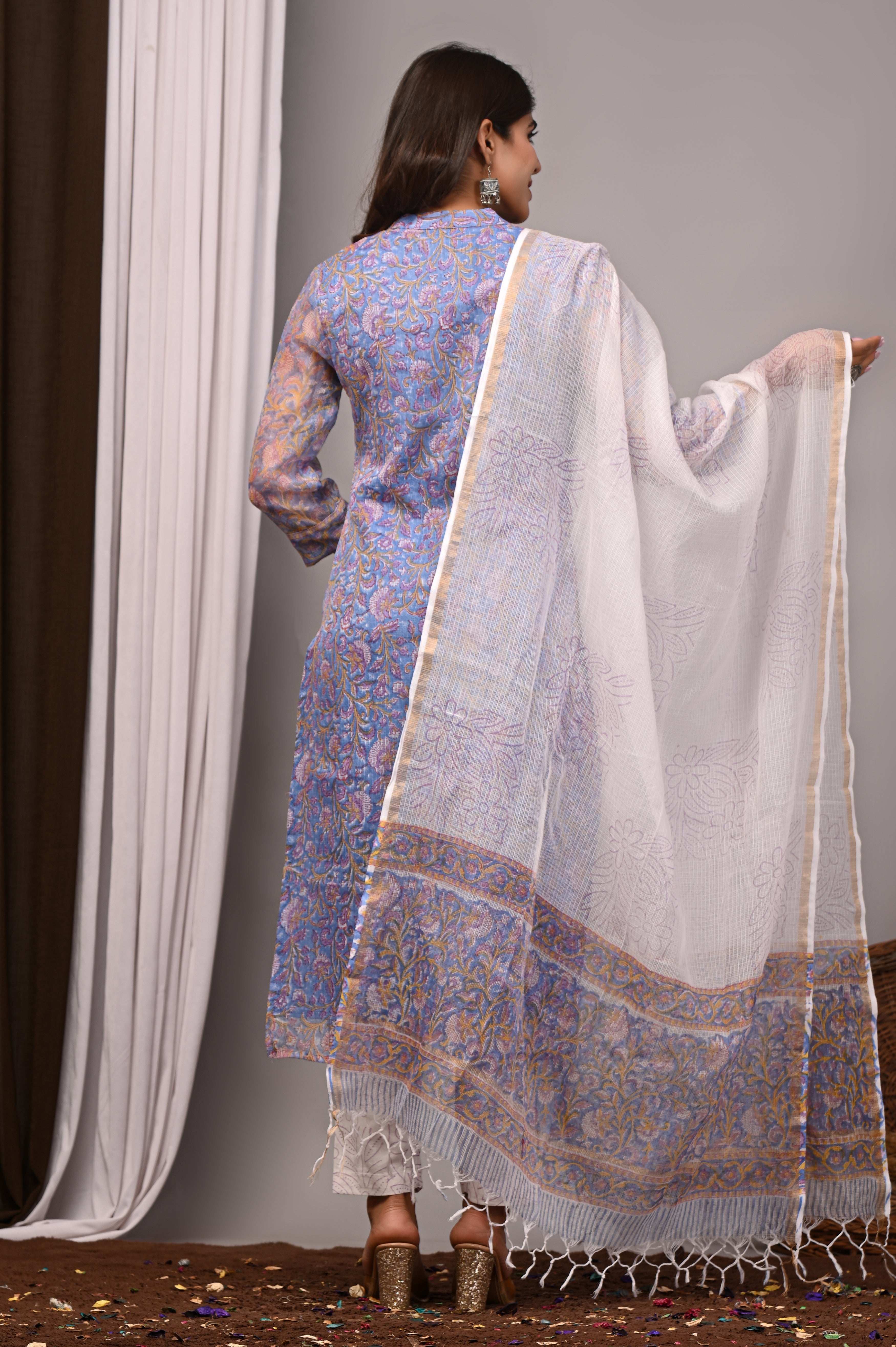 Periwinkle Blue Floral Handblock Kota Doria Set
