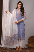 Periwinkle Blue Floral Handblock Kota Doria Set