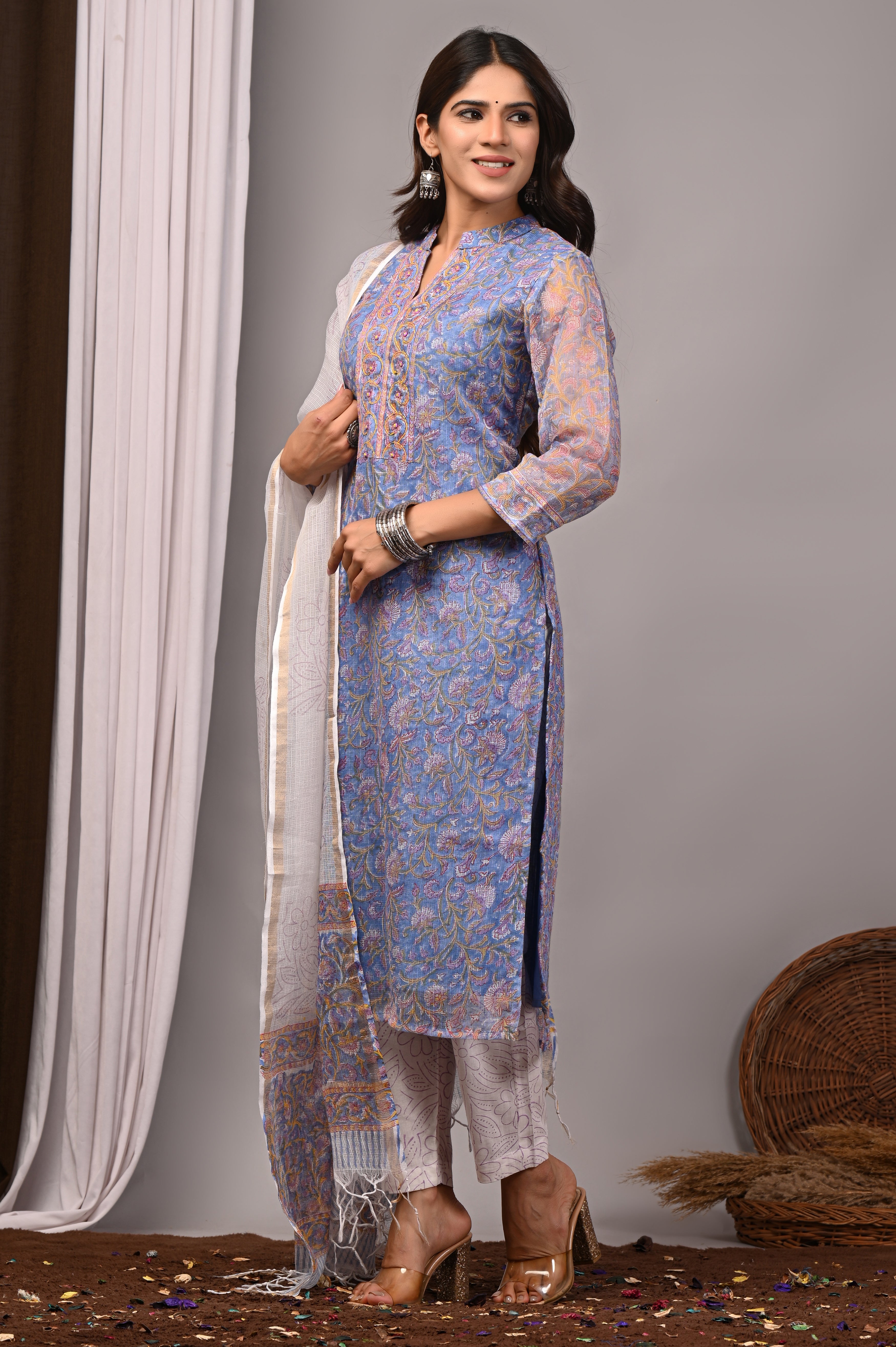 Periwinkle Blue Floral Handblock Kota Doria Set