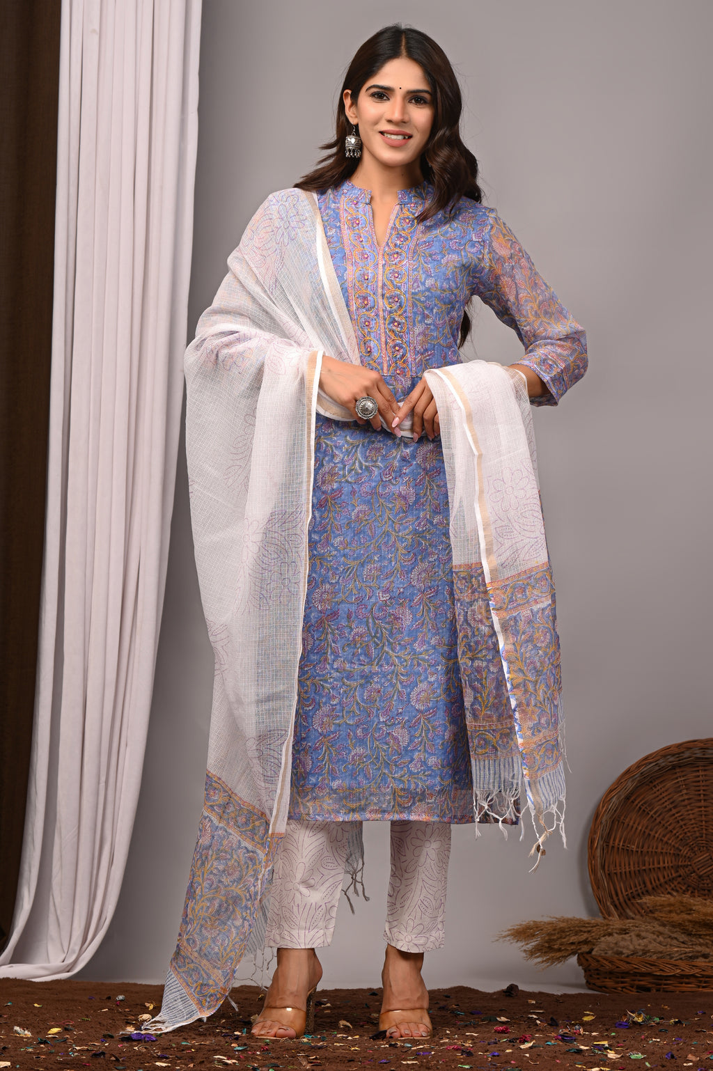 Periwinkle Blue Floral Handblock Kota Doria Set