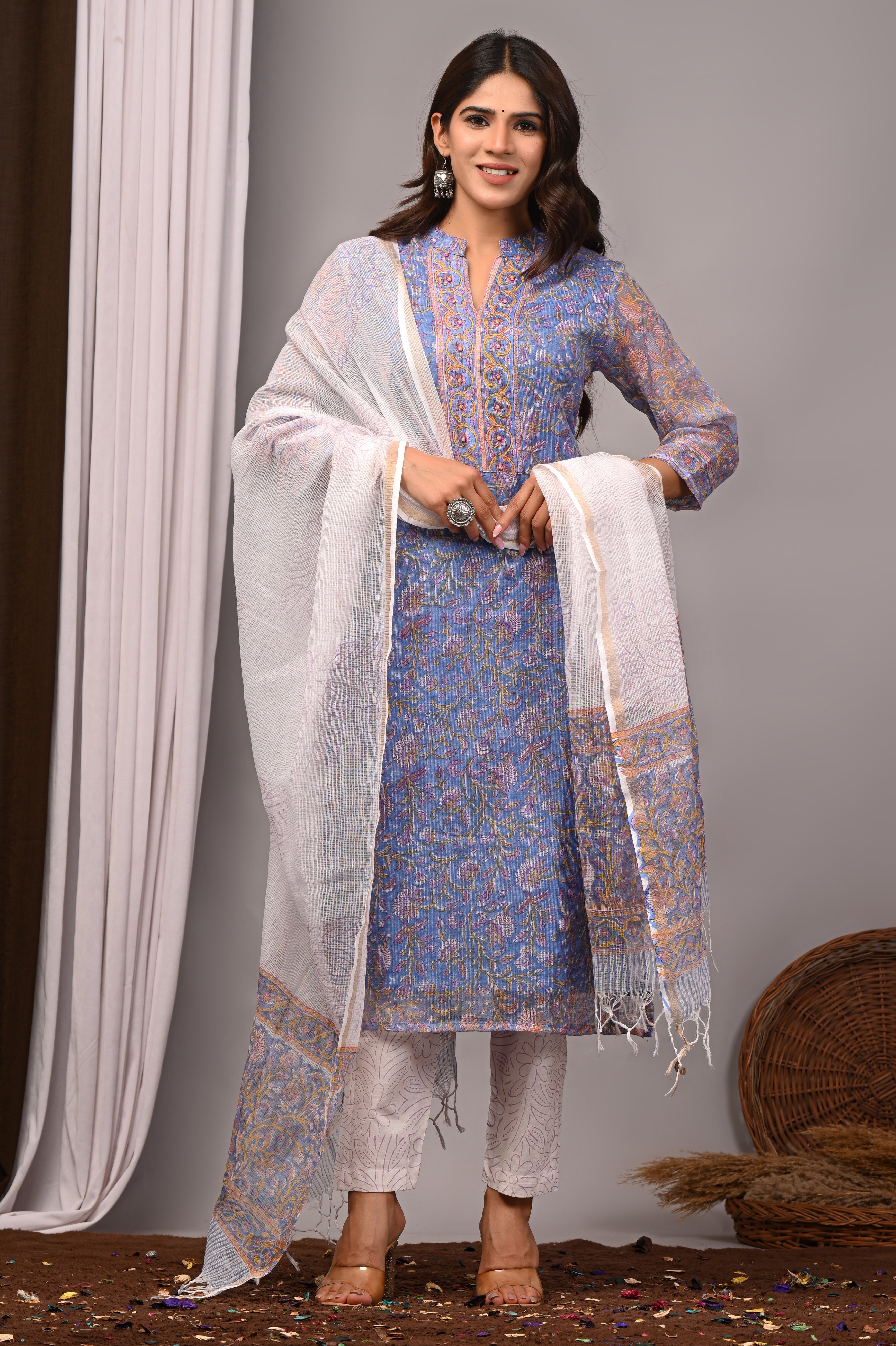 Periwinkle Blue Floral Handblock Kota Doria Set