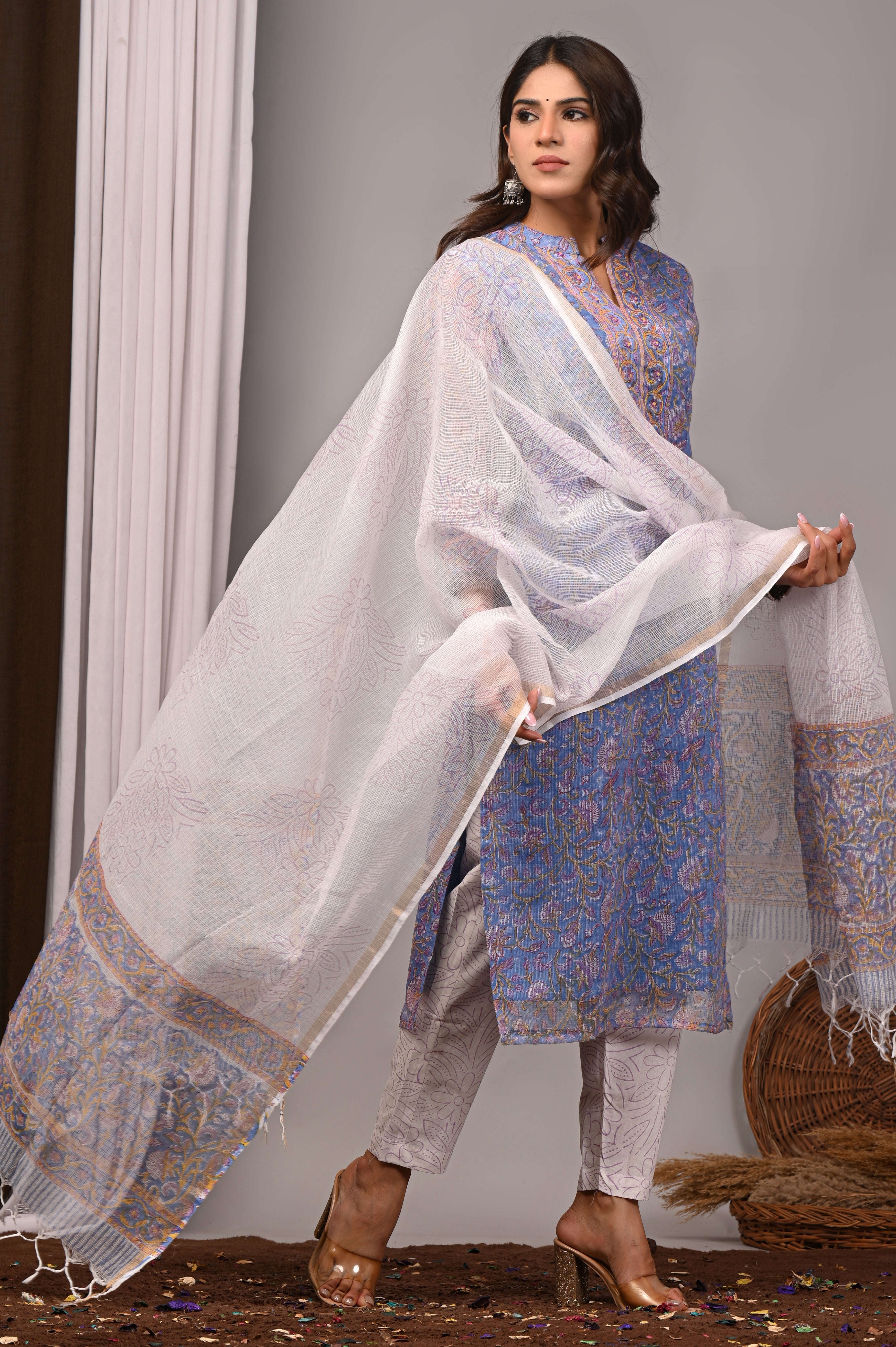 Periwinkle Blue Floral Handblock Kota Doria Set