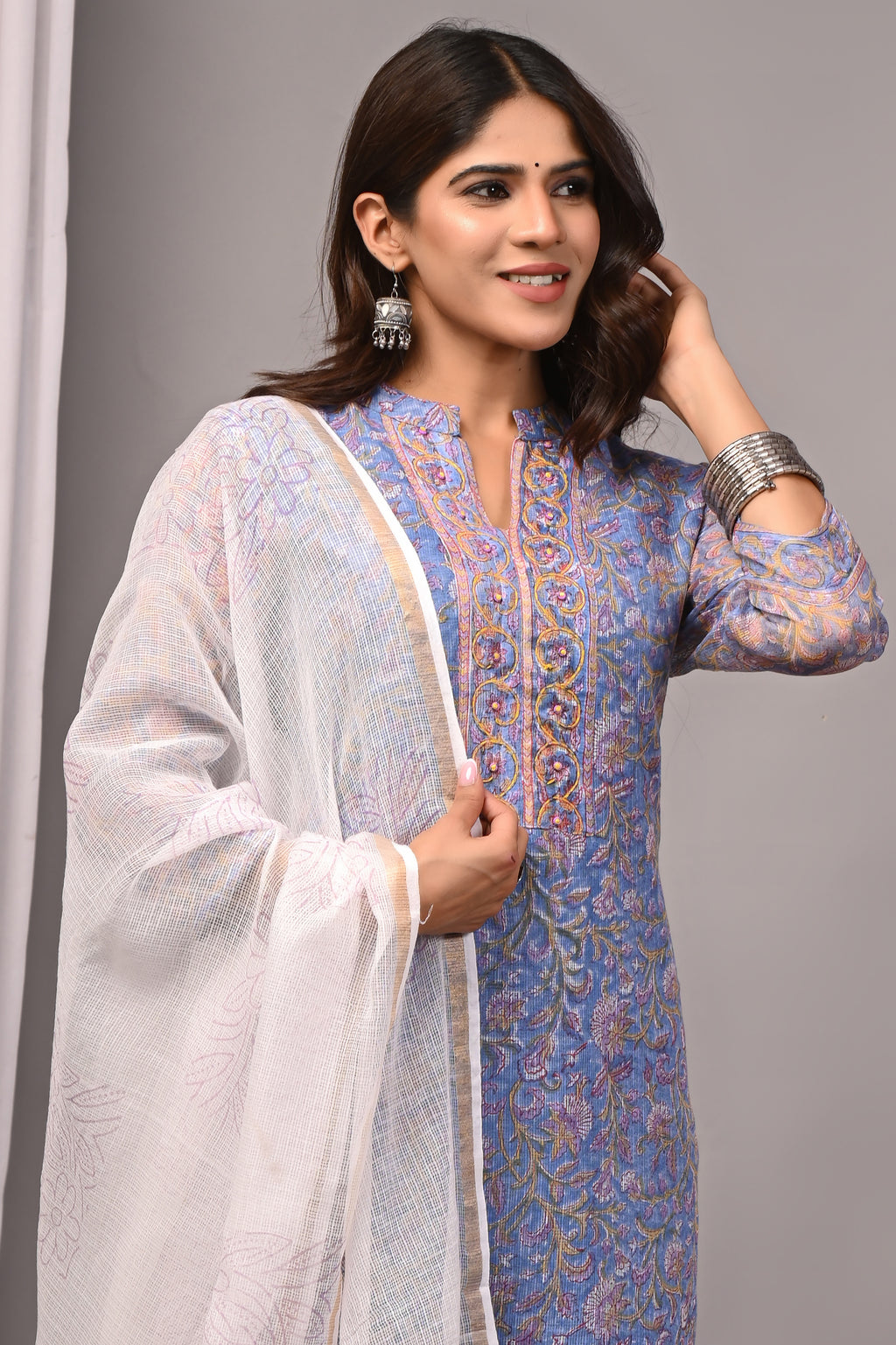 Periwinkle Blue Floral Handblock Kota Doria Set