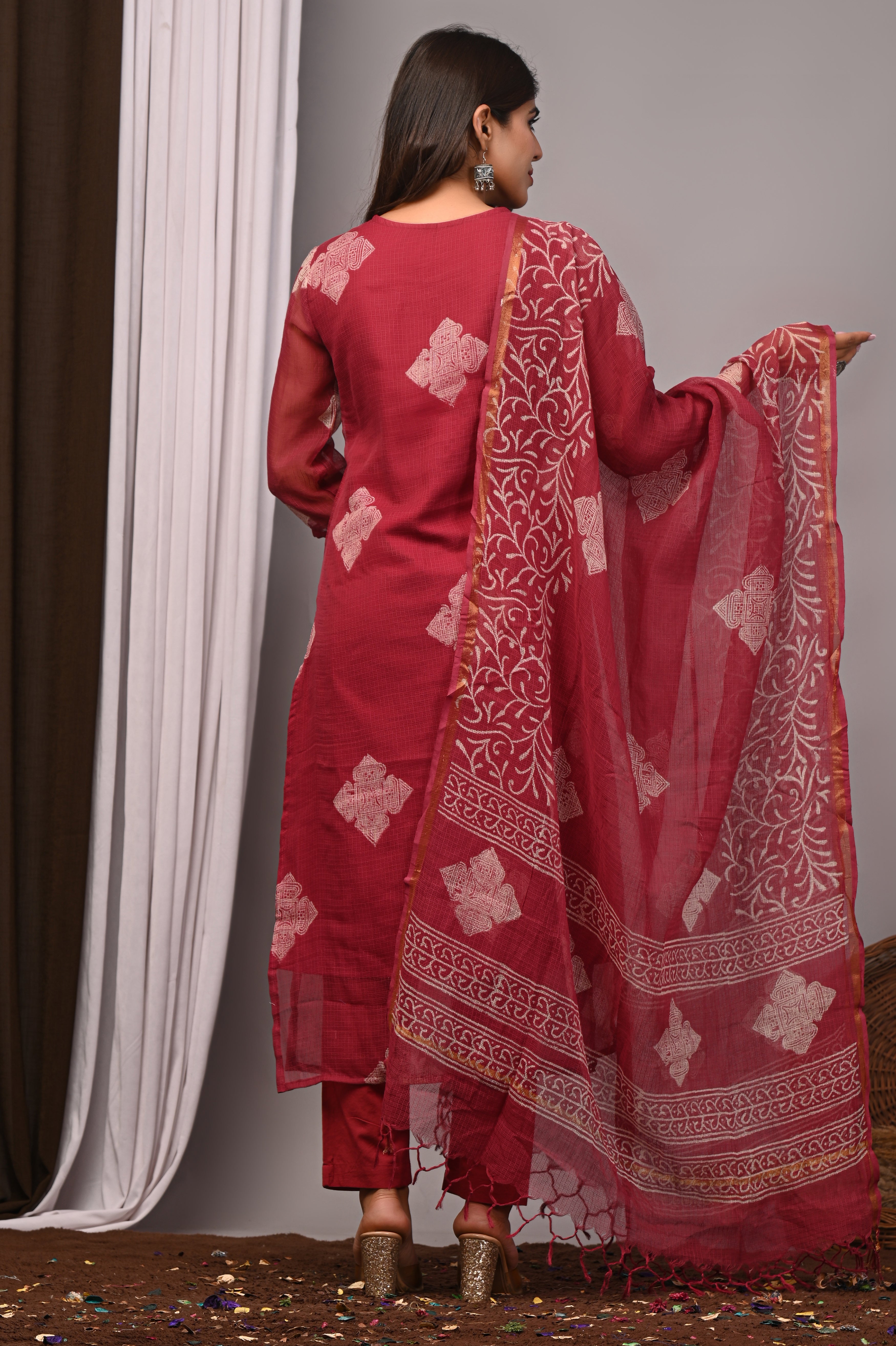 Maroon Handblock Kota Doria 3-Piece Set with French Embroidery