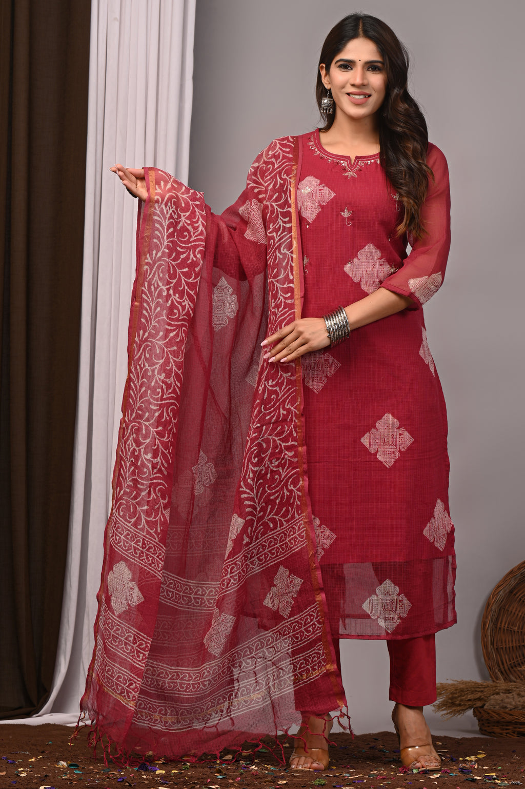Maroon Handblock Kota Doria 3-Piece Set with French Embroidery