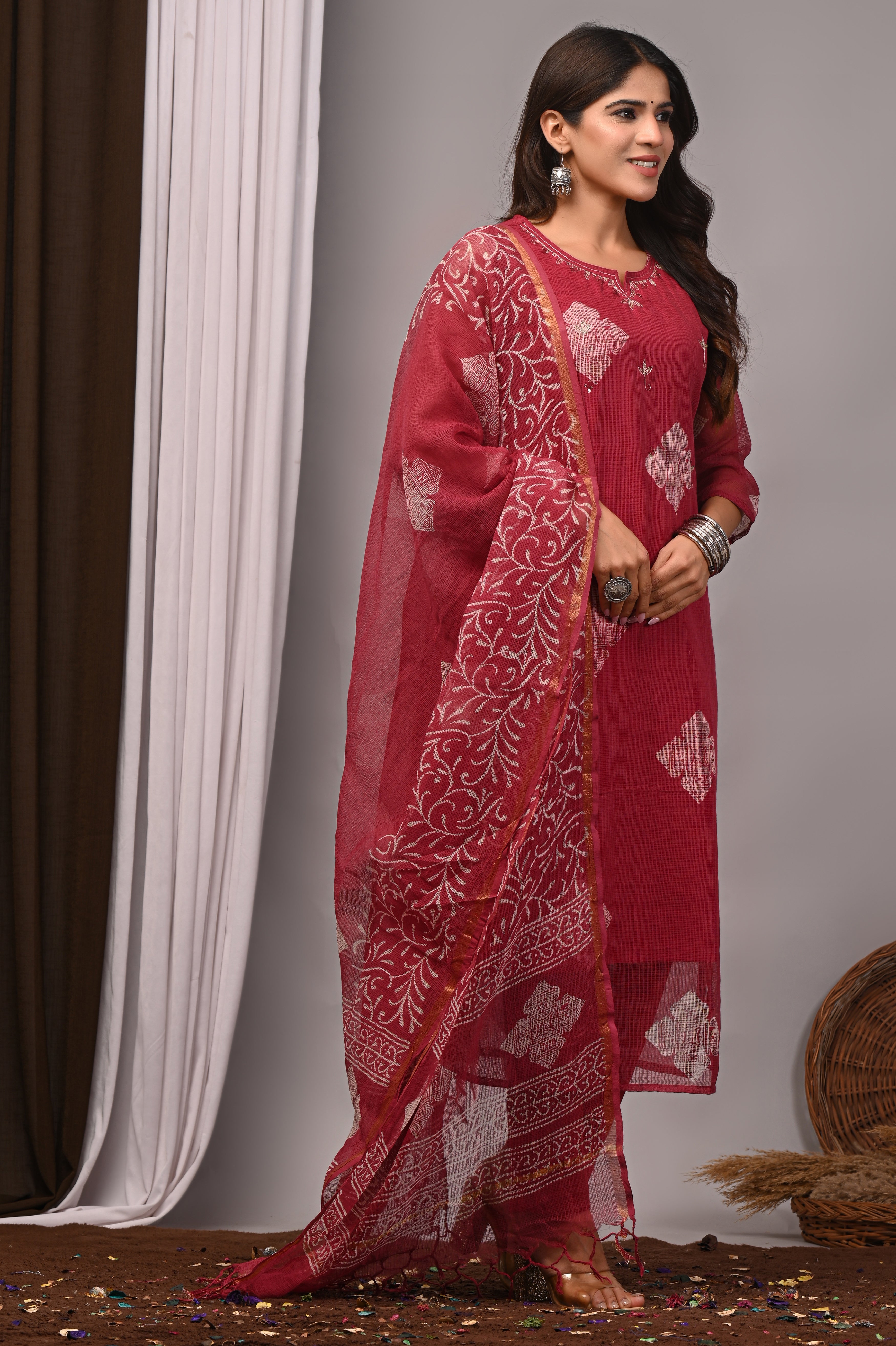 Maroon Handblock Kota Doria 3-Piece Set with French Embroidery
