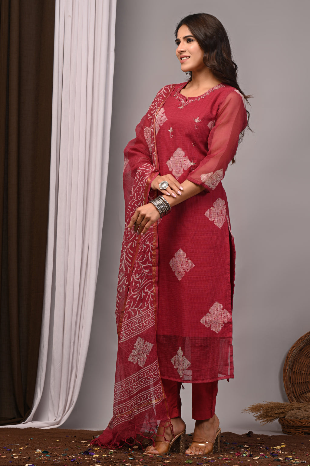 Maroon Handblock Kota Doria 3-Piece Set with French Embroidery