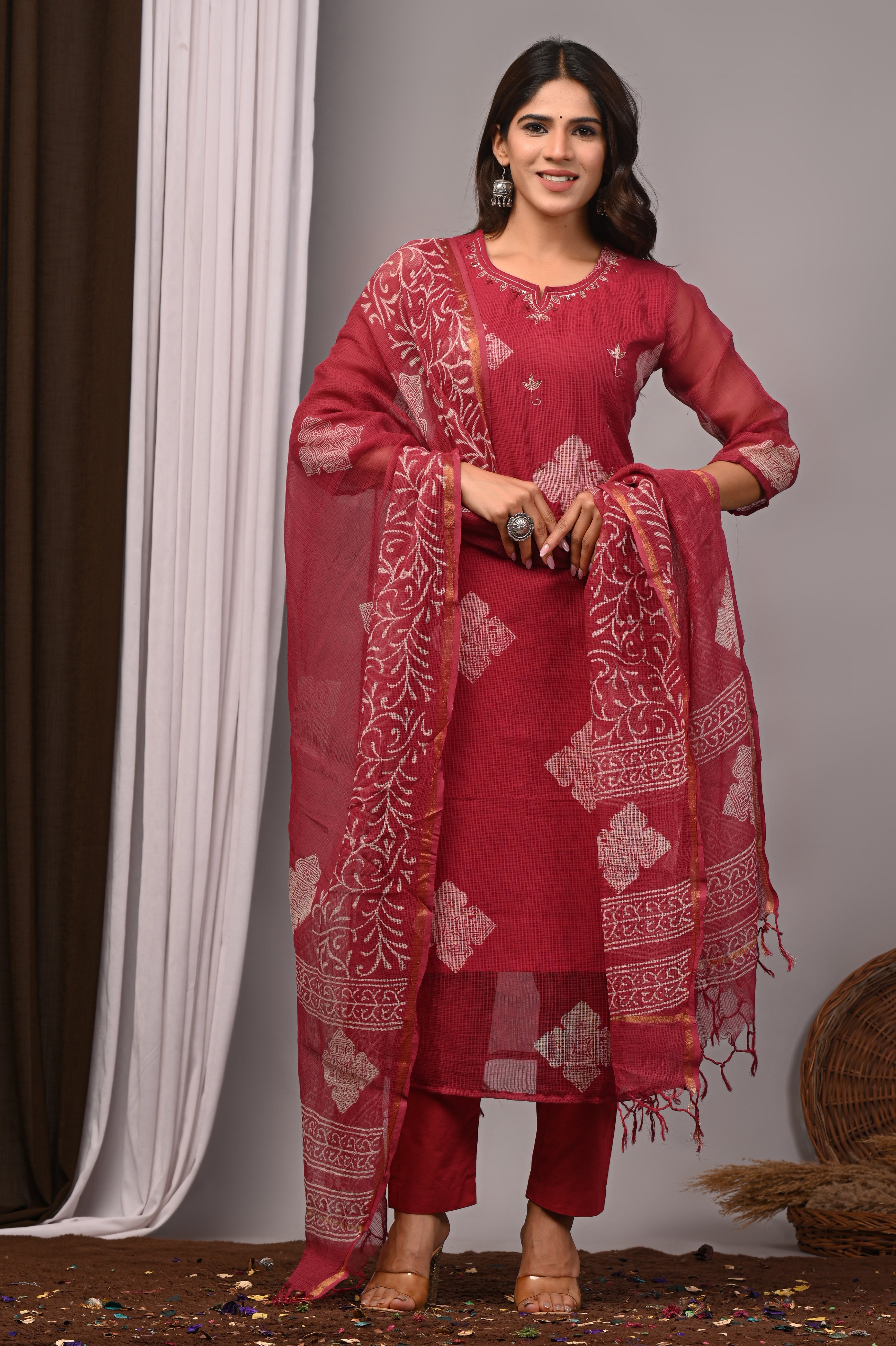 Maroon Handblock Kota Doria 3-Piece Set with French Embroidery